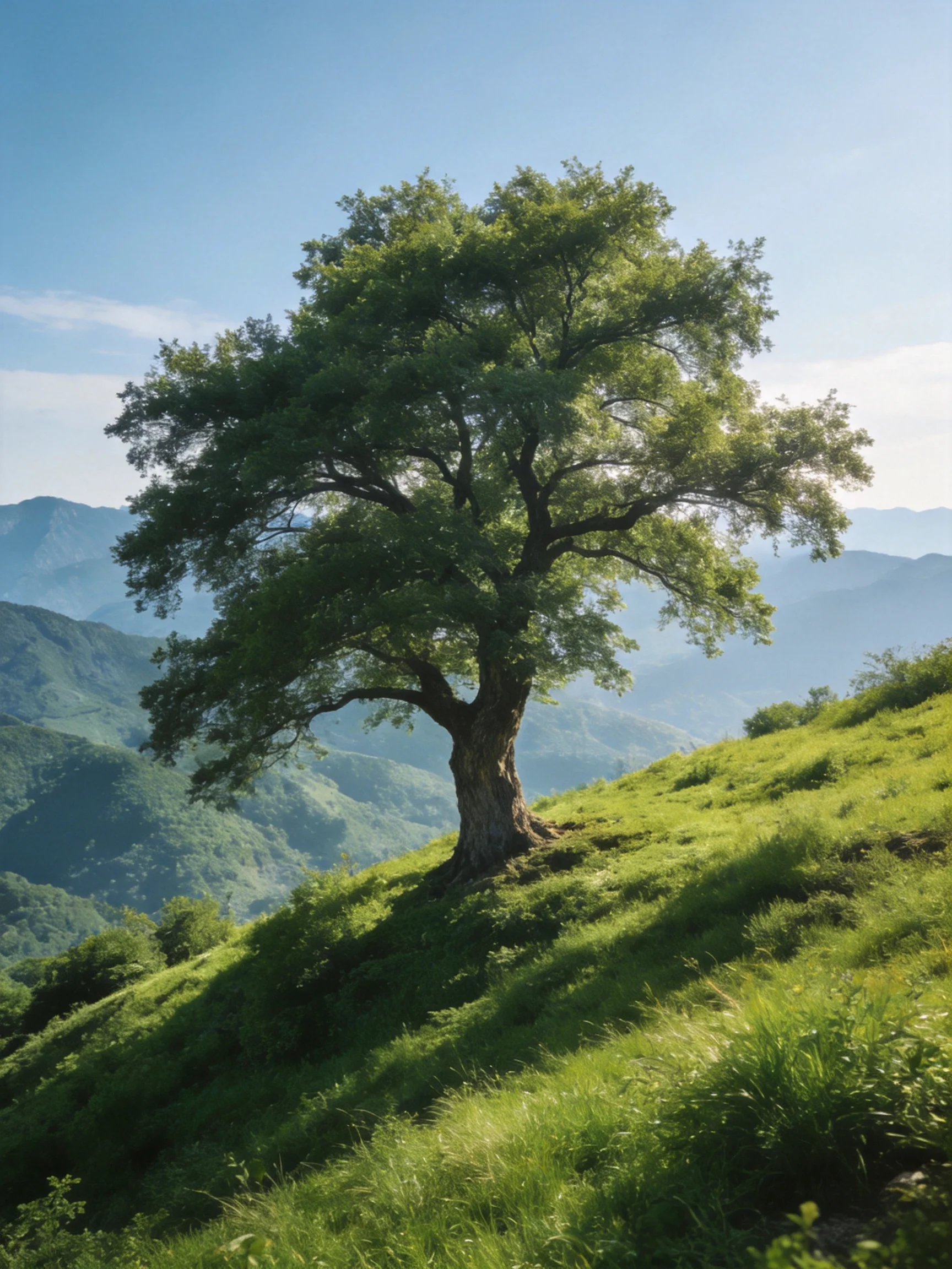 A solitary oak tree on a verdant hillside with distant mountains