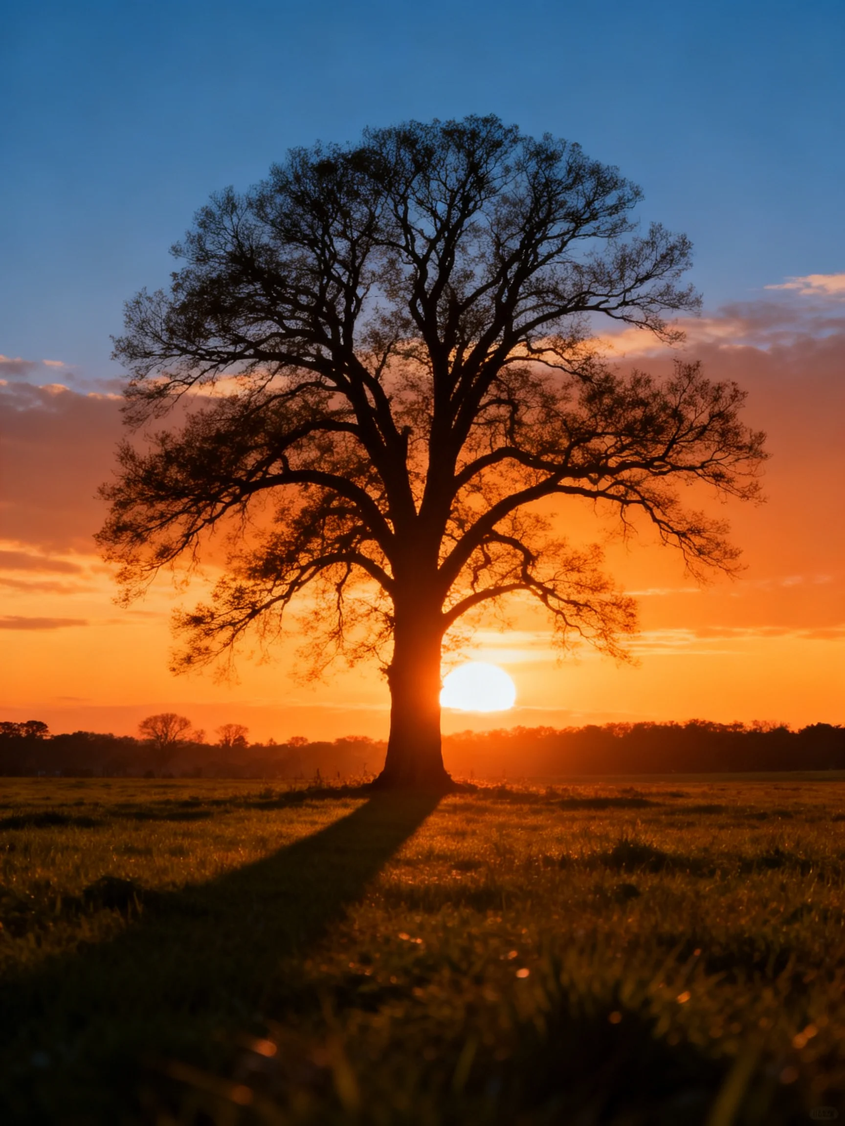 A solitary oak tree silhouetted by a vibrant sunset over an open field