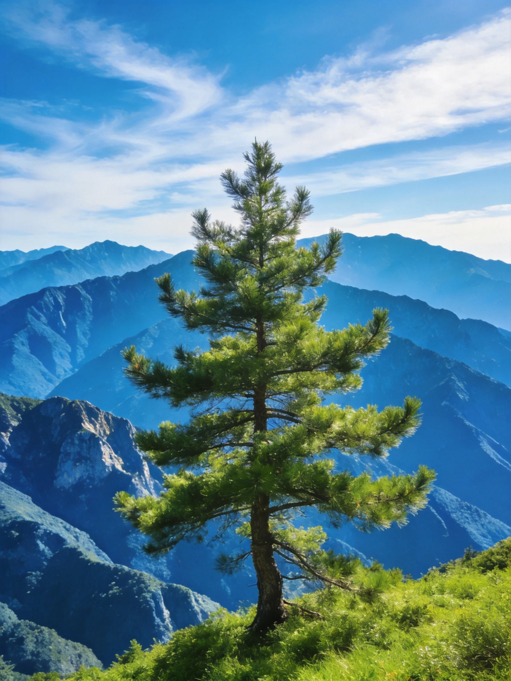 A solitary pine tree amid layered mountain ranges under bright blue skies