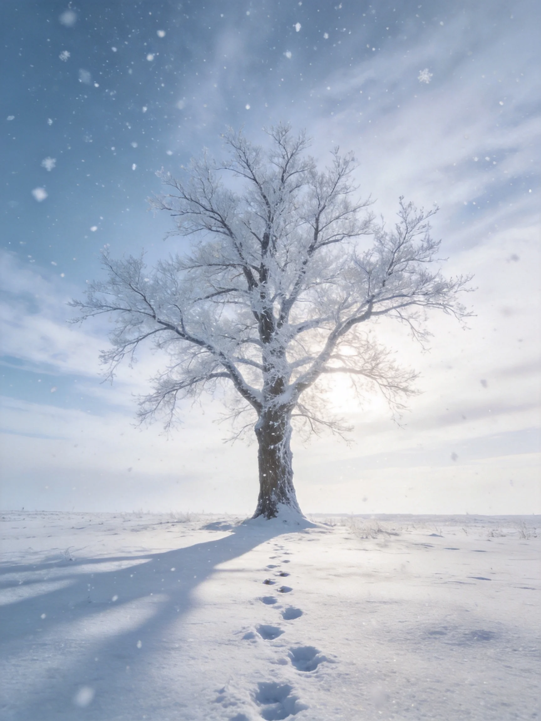 A solitary snow-coated tree stands alone in a wide open snowy field under a clear blue sky
