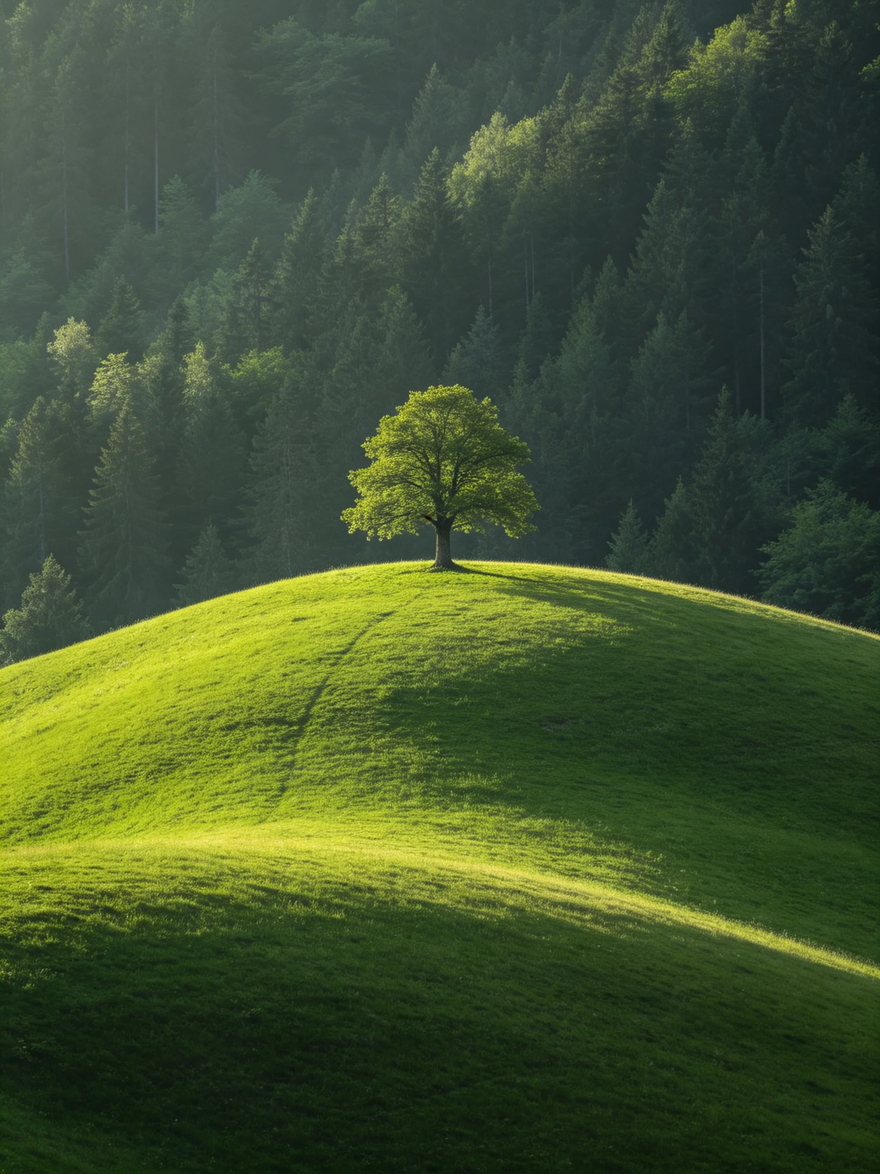A solitary tree atop a lush green hill with forest backdrop.
