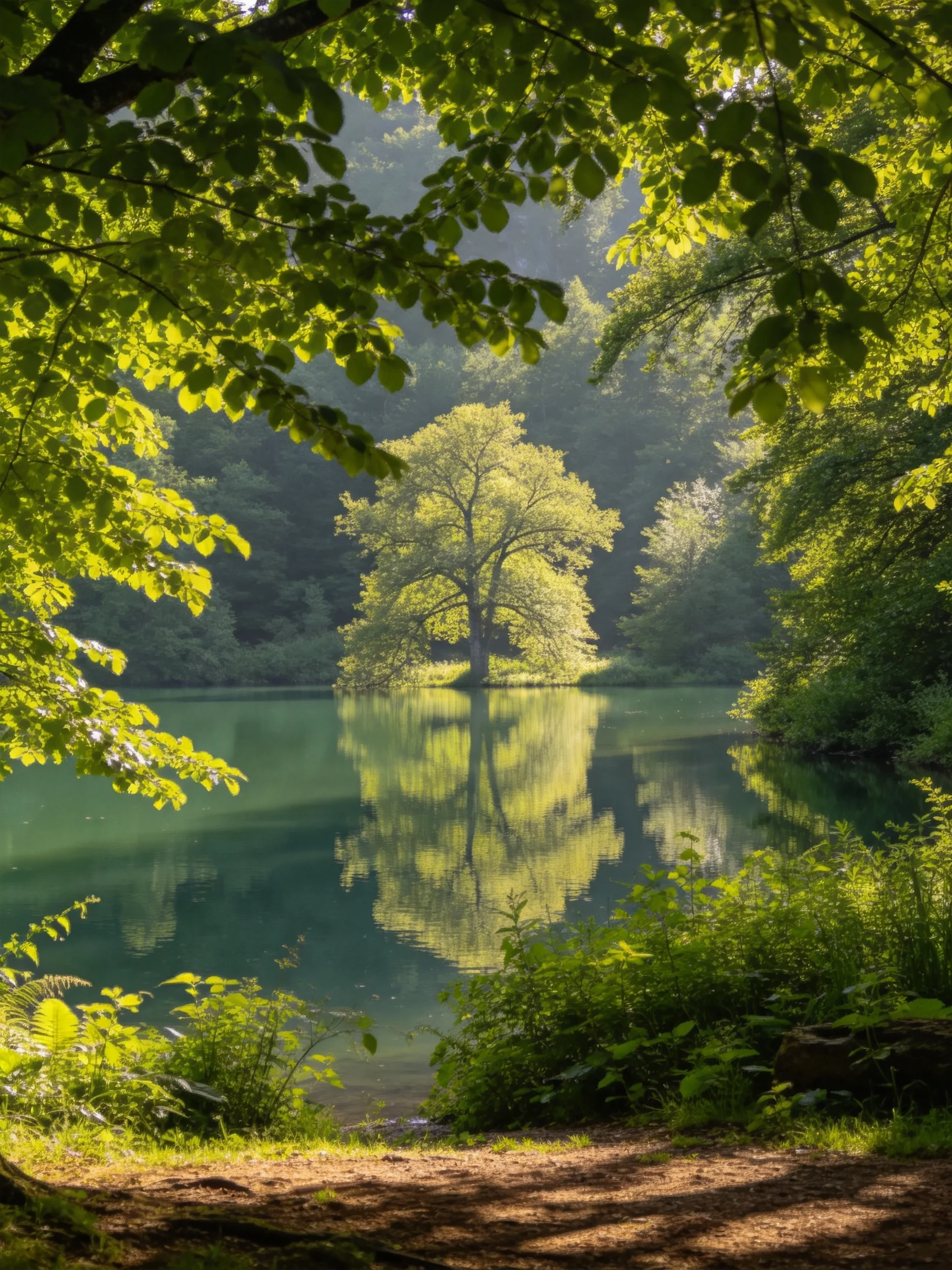 A solitary tree reflected in tranquil turquoise waters amid lush greenery