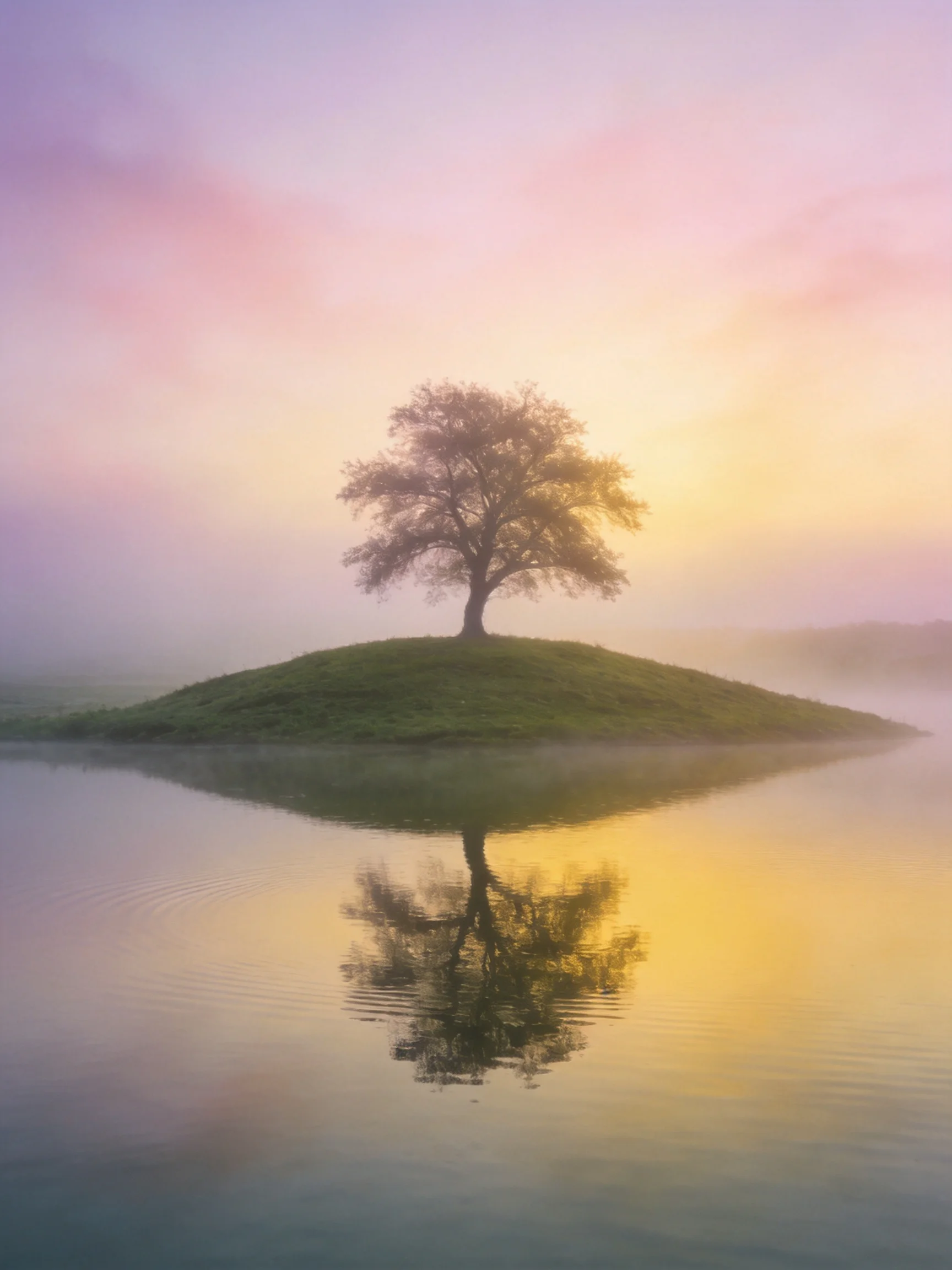 A solitary tree stands on a grassy mound beside calm water under pastel skies