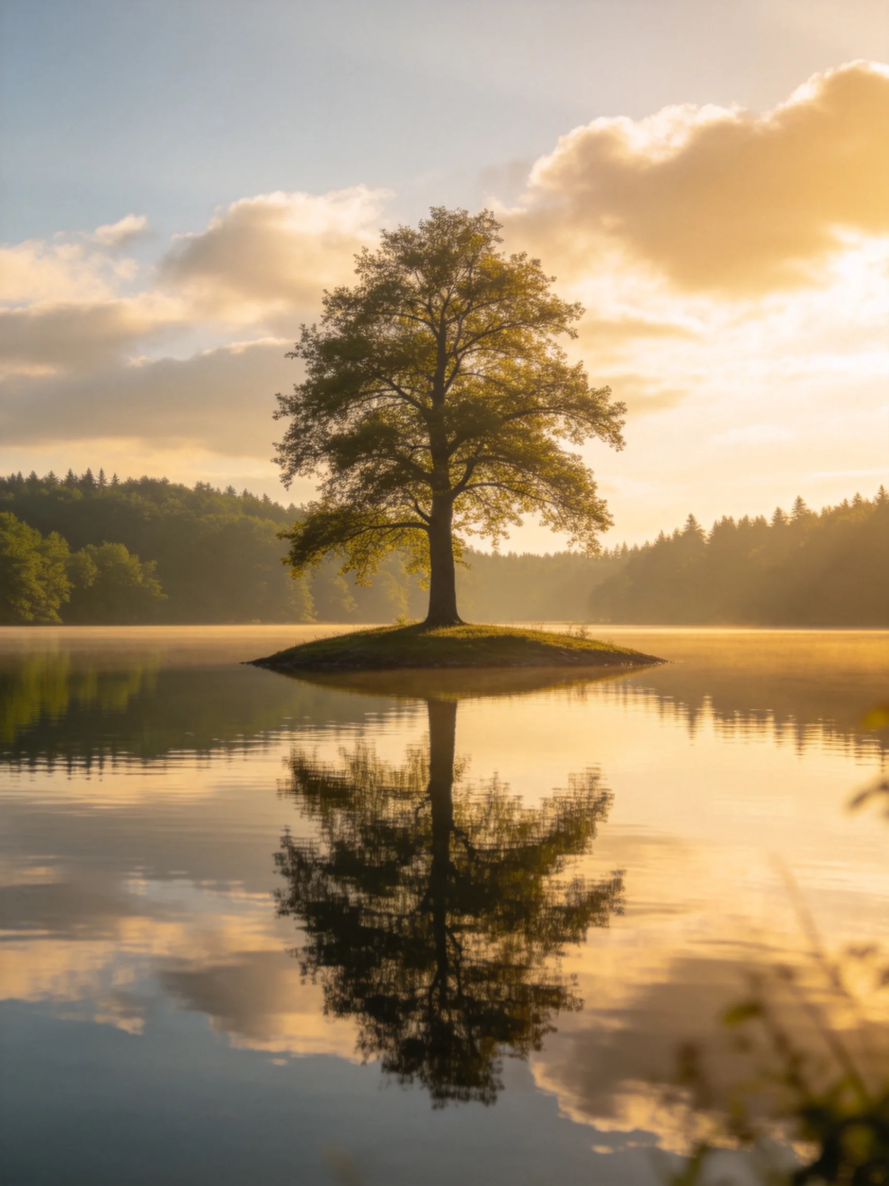 A solitary tree stands on a small island in a golden-hued lake