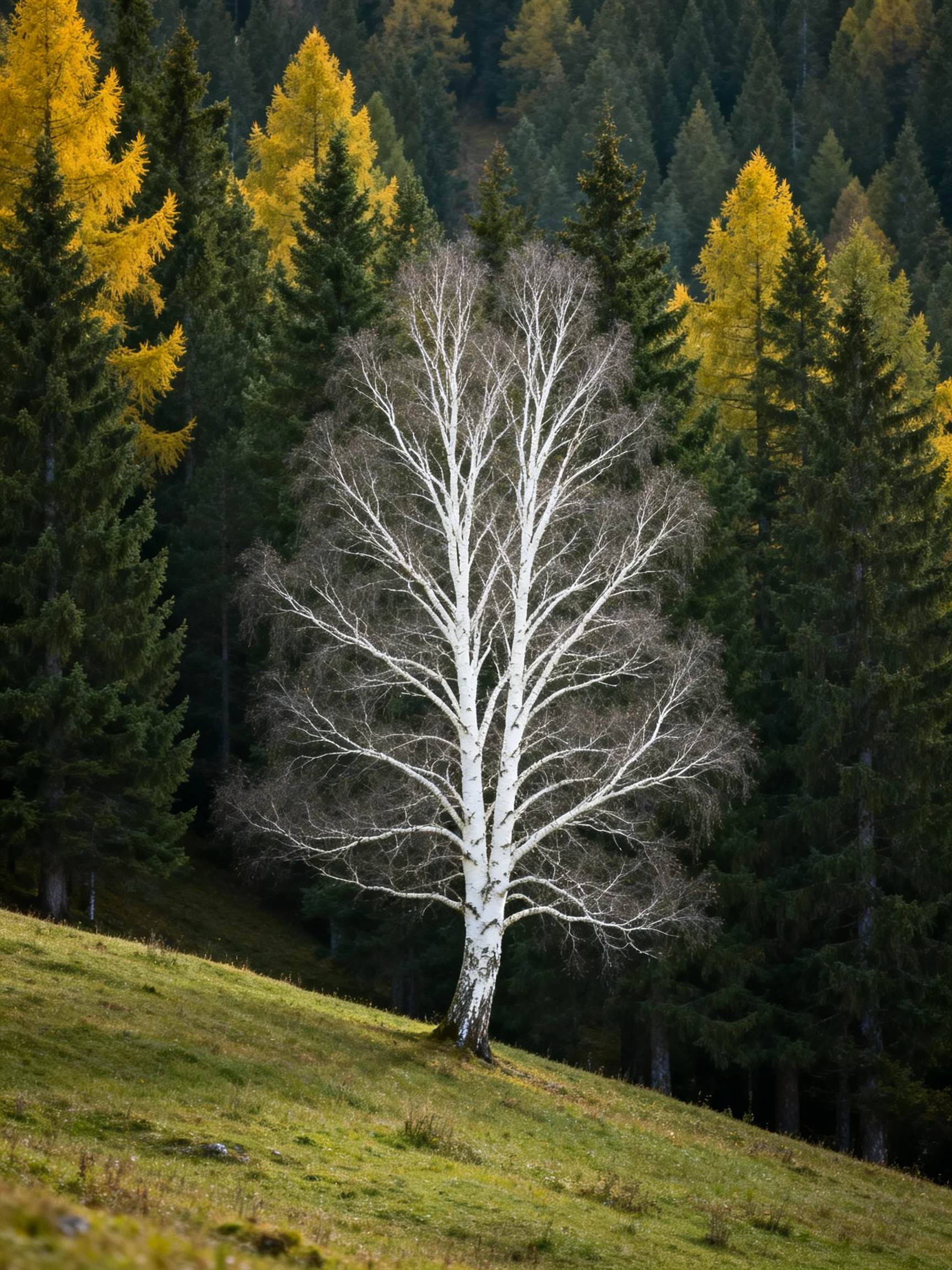 A solitary white birch stands among lush green and golden forest trees