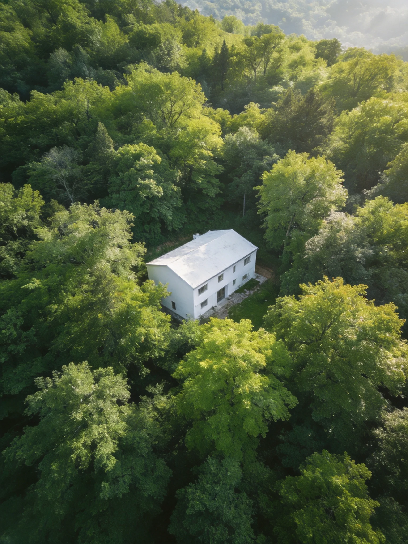 A solitary white house nestled among dense green forests