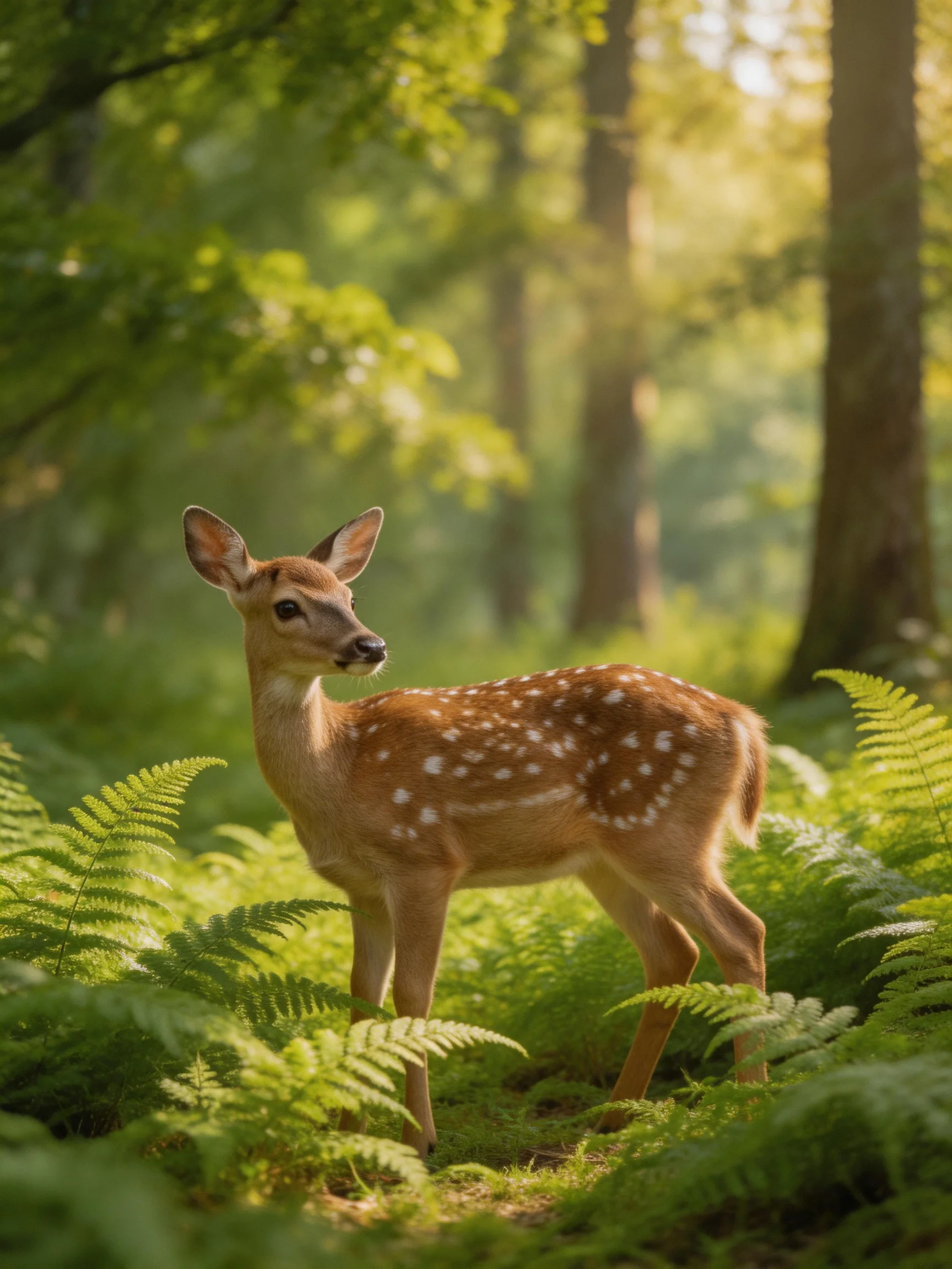 A spotted fawn stands among lush ferns in a sunlit forest