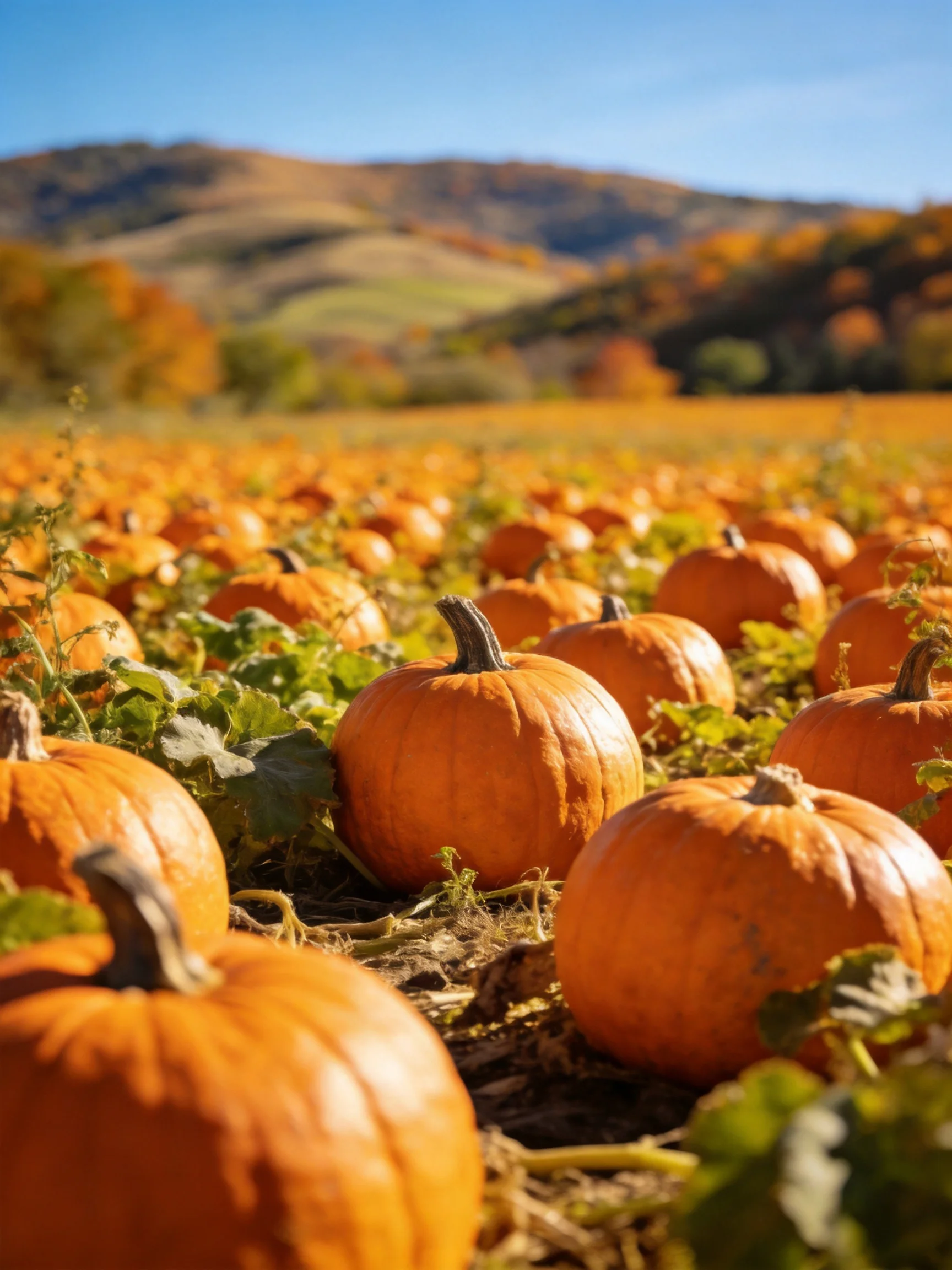 A sprawling pumpkin field with vibrant orange pumpkins near rolling hills