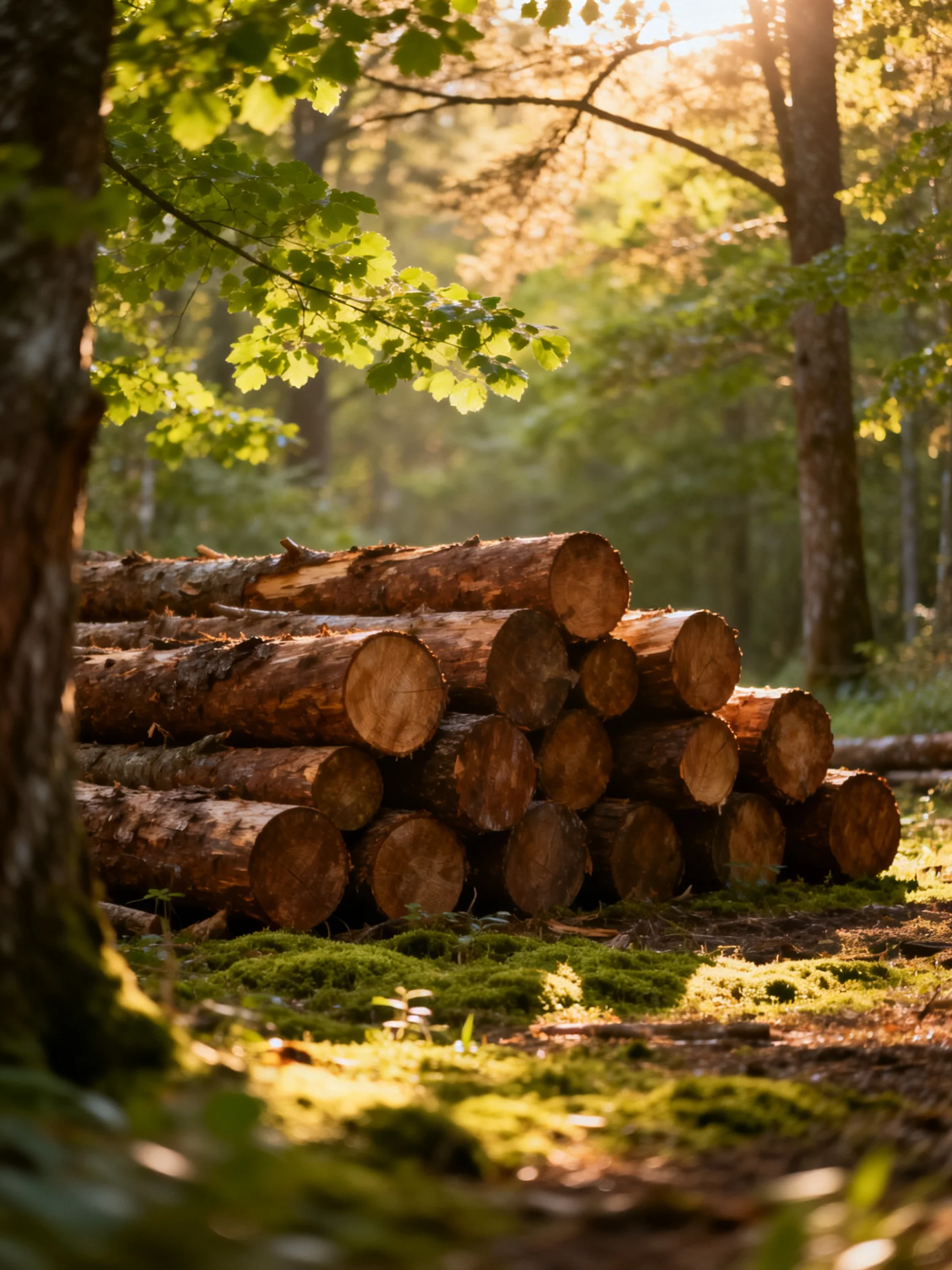 A stack of cut brown logs in sunlit forest clearing