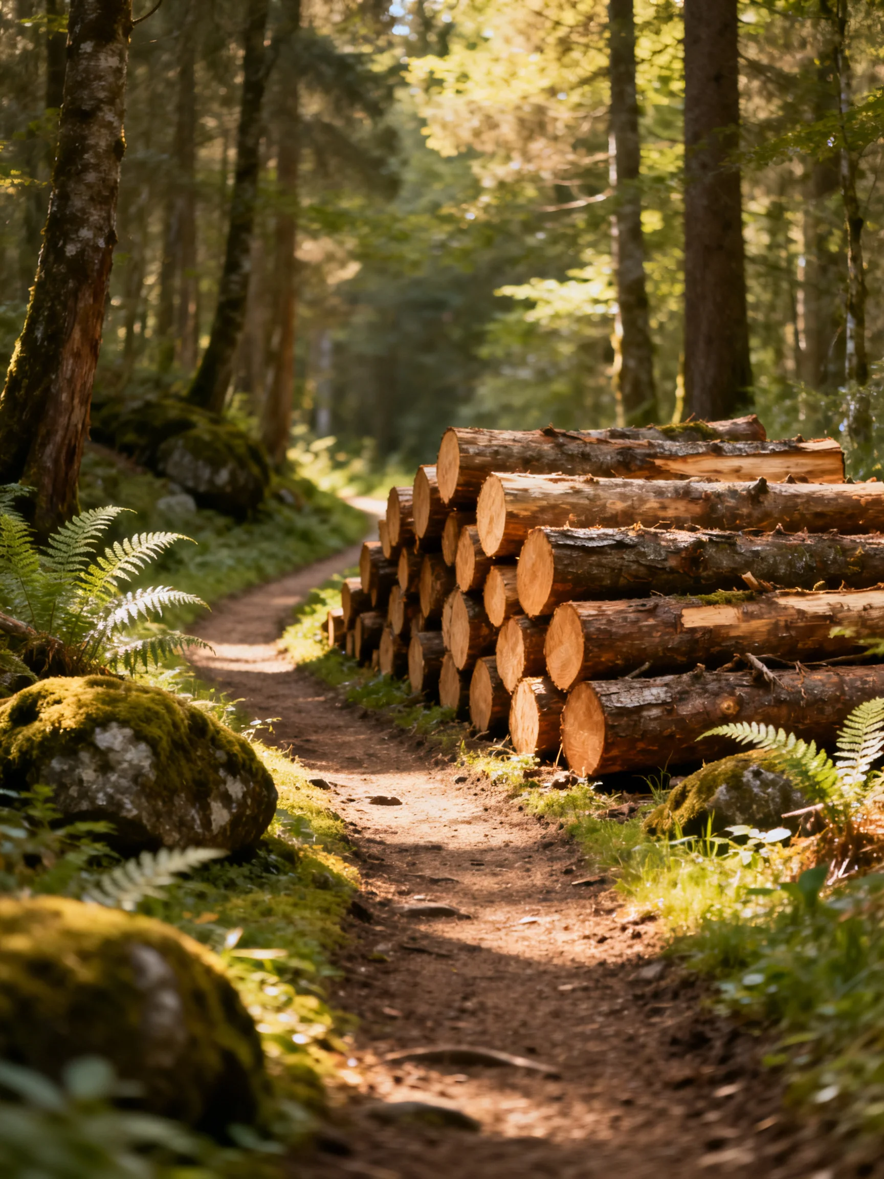 A stack of cut logs beside a sunlit forest path