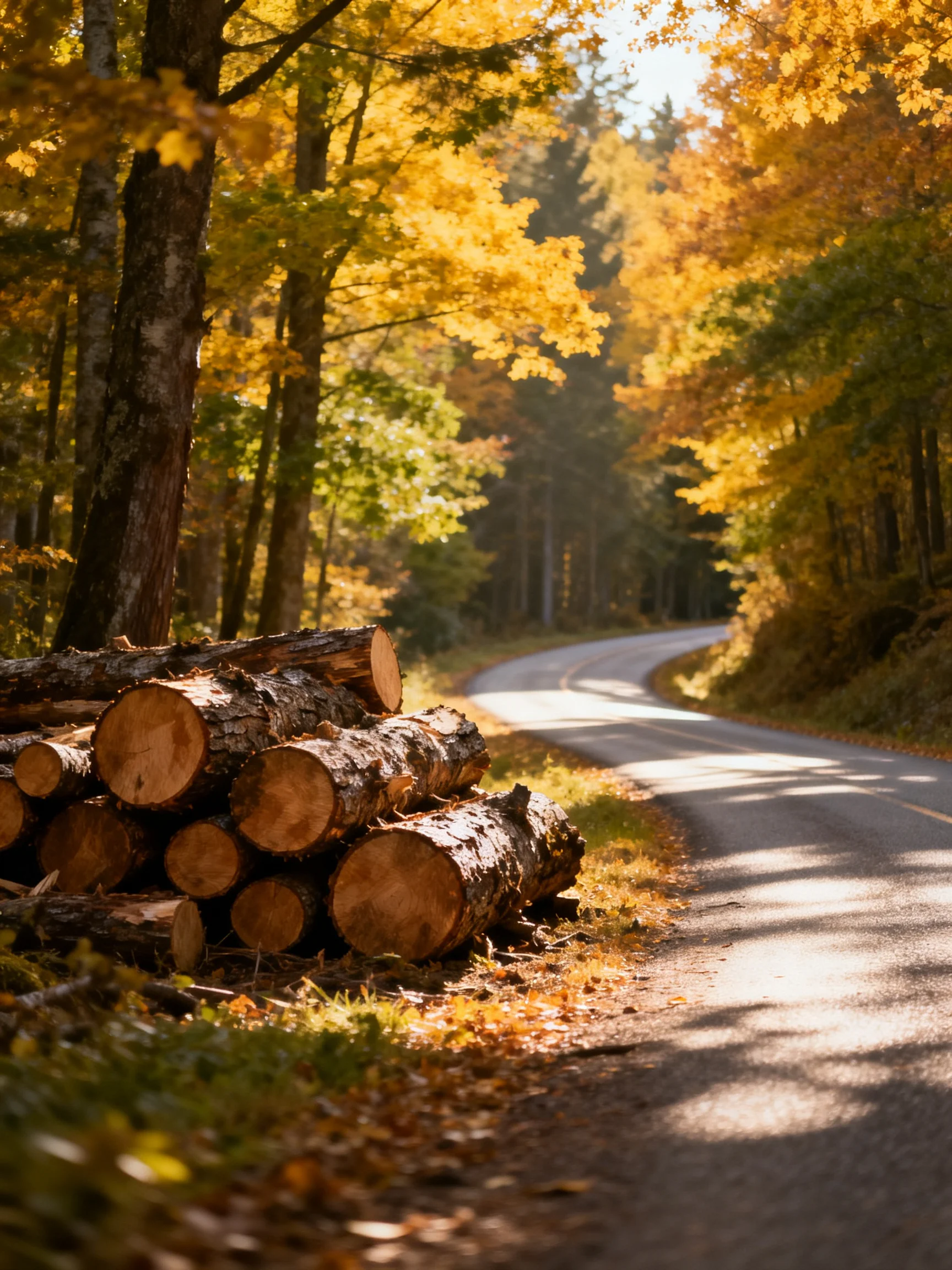 A stack of cut logs beside a winding autumn forest road