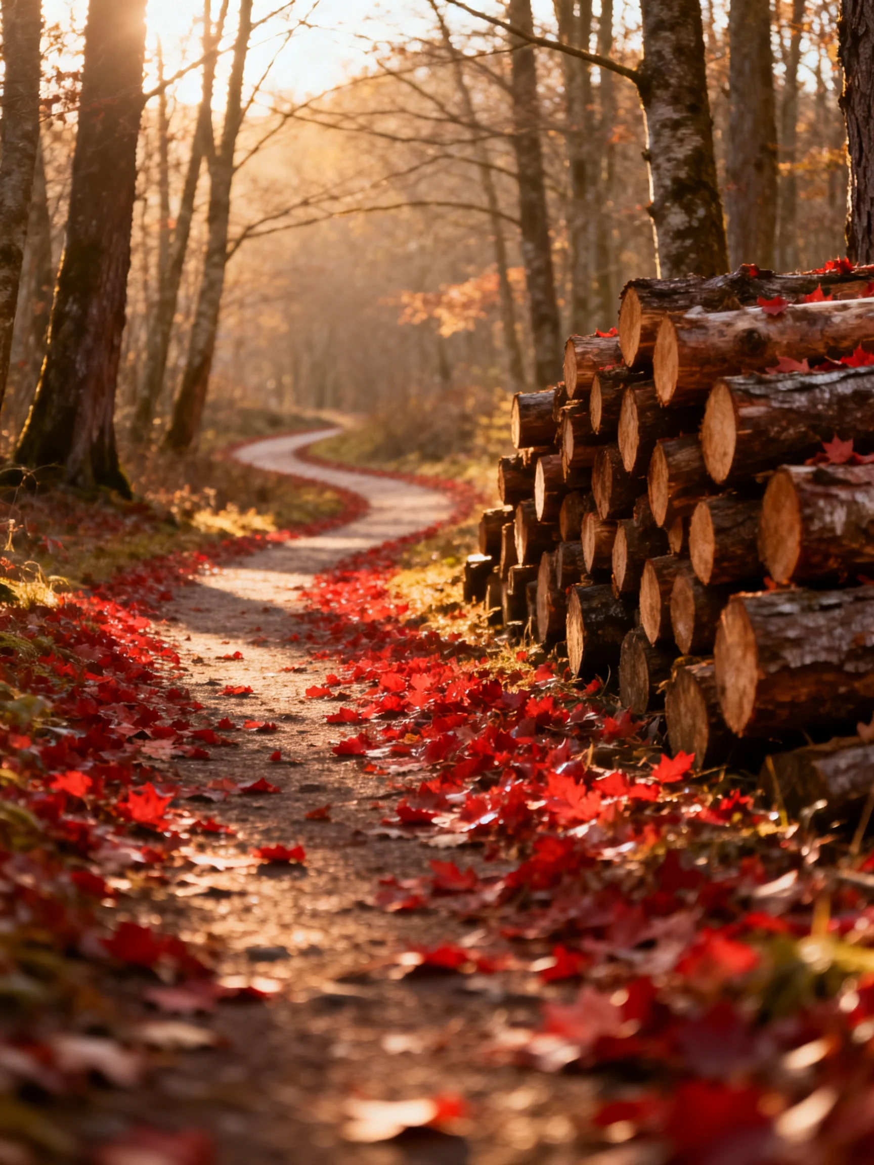 A stack of cut logs beside a winding path with vibrant red leaves