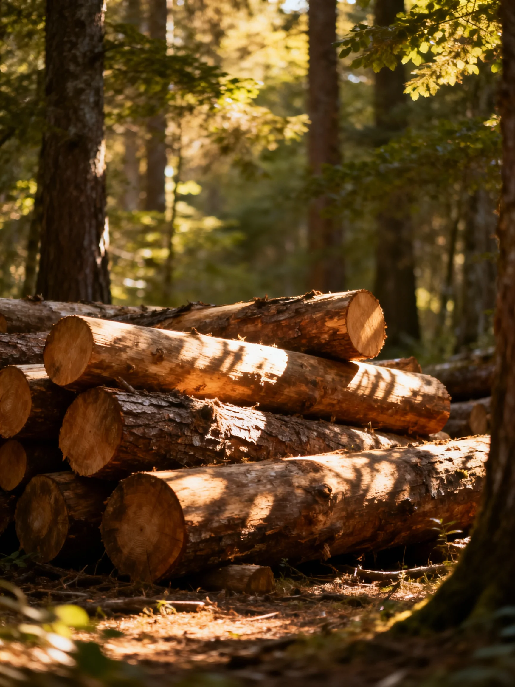 A stack of cut logs in a sun-dappled forest clearing