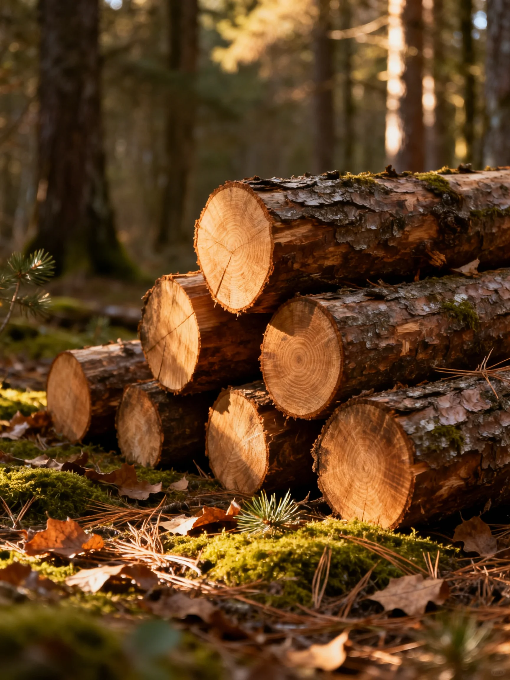 A stack of cut logs rests amid mossy forest floor and tall trees