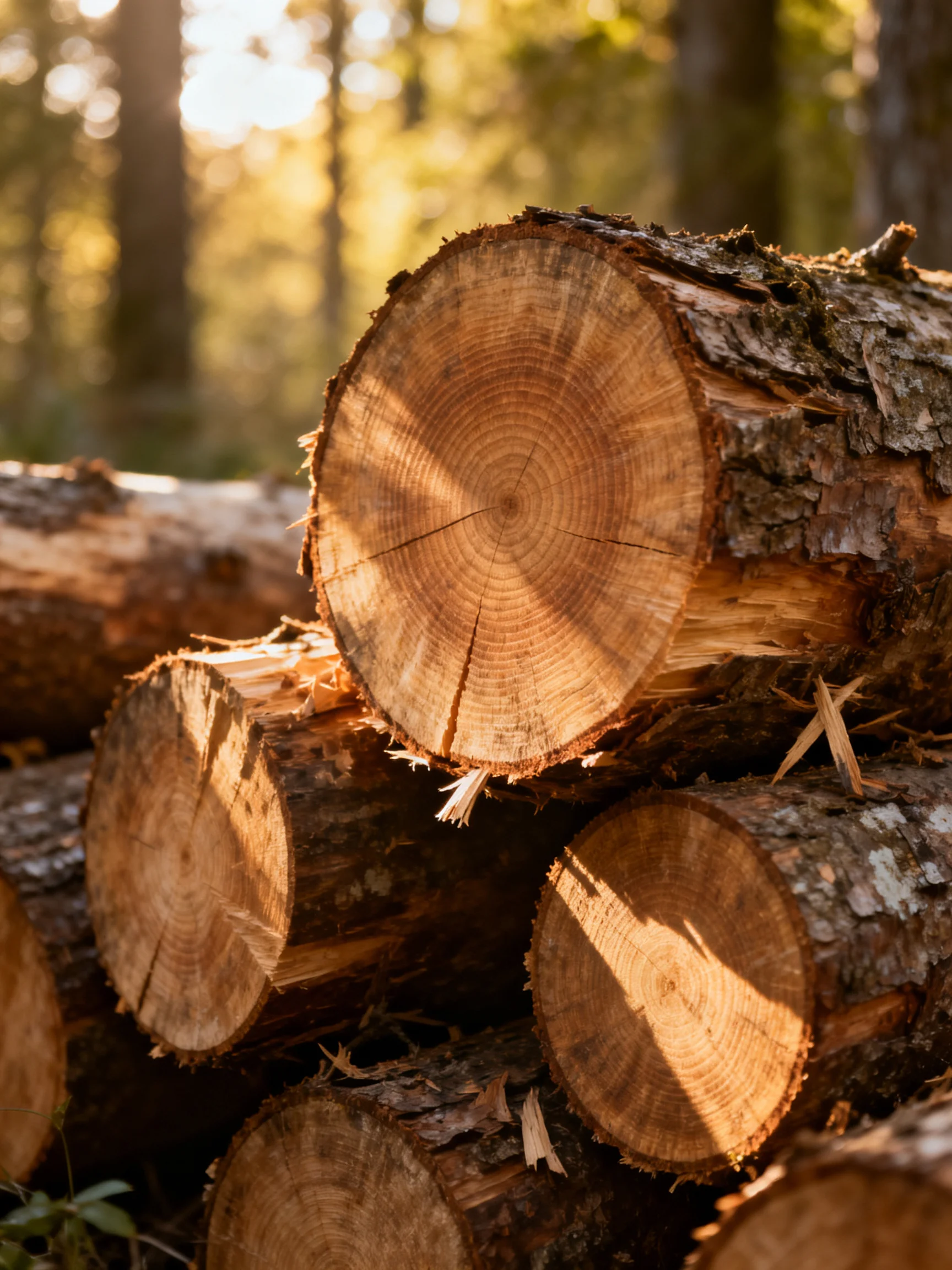 A stack of freshly cut brown logs shows distinct tree rings in a sunlit forest