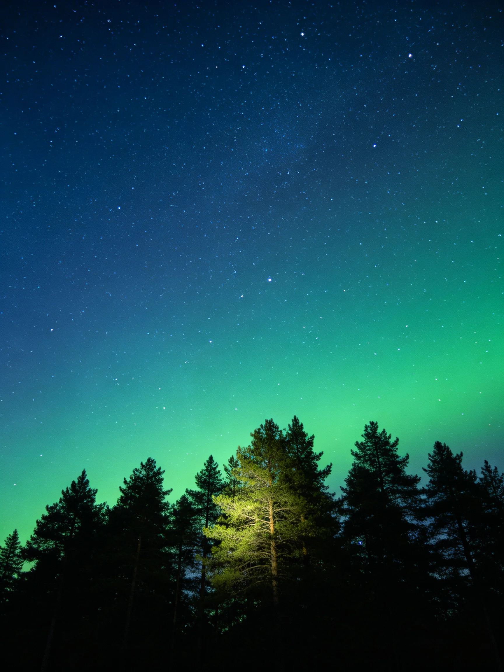 A star - filled night sky with green aurora over dark pine trees