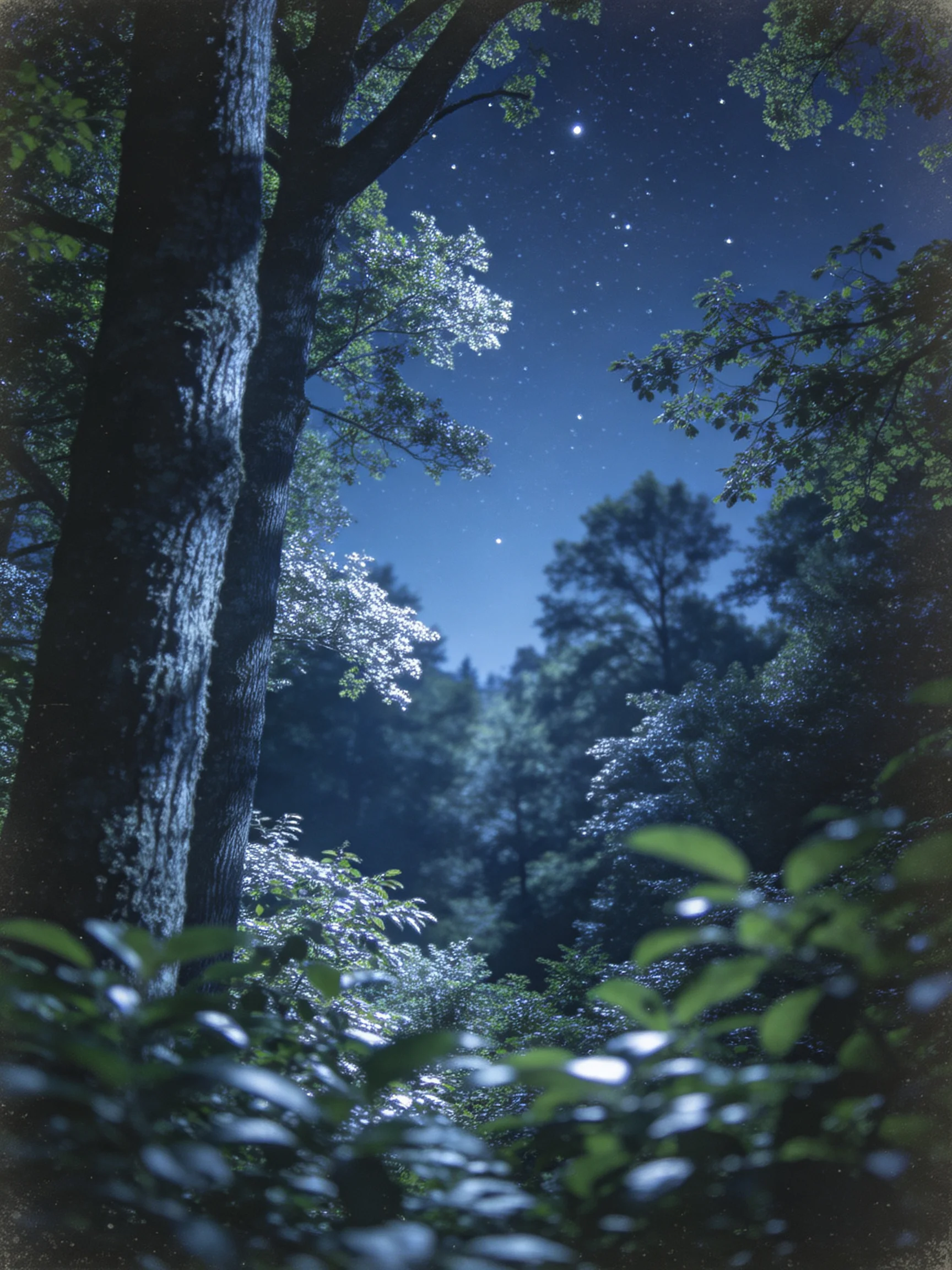 A starry night in a dense forest with tall trees and lush greenery