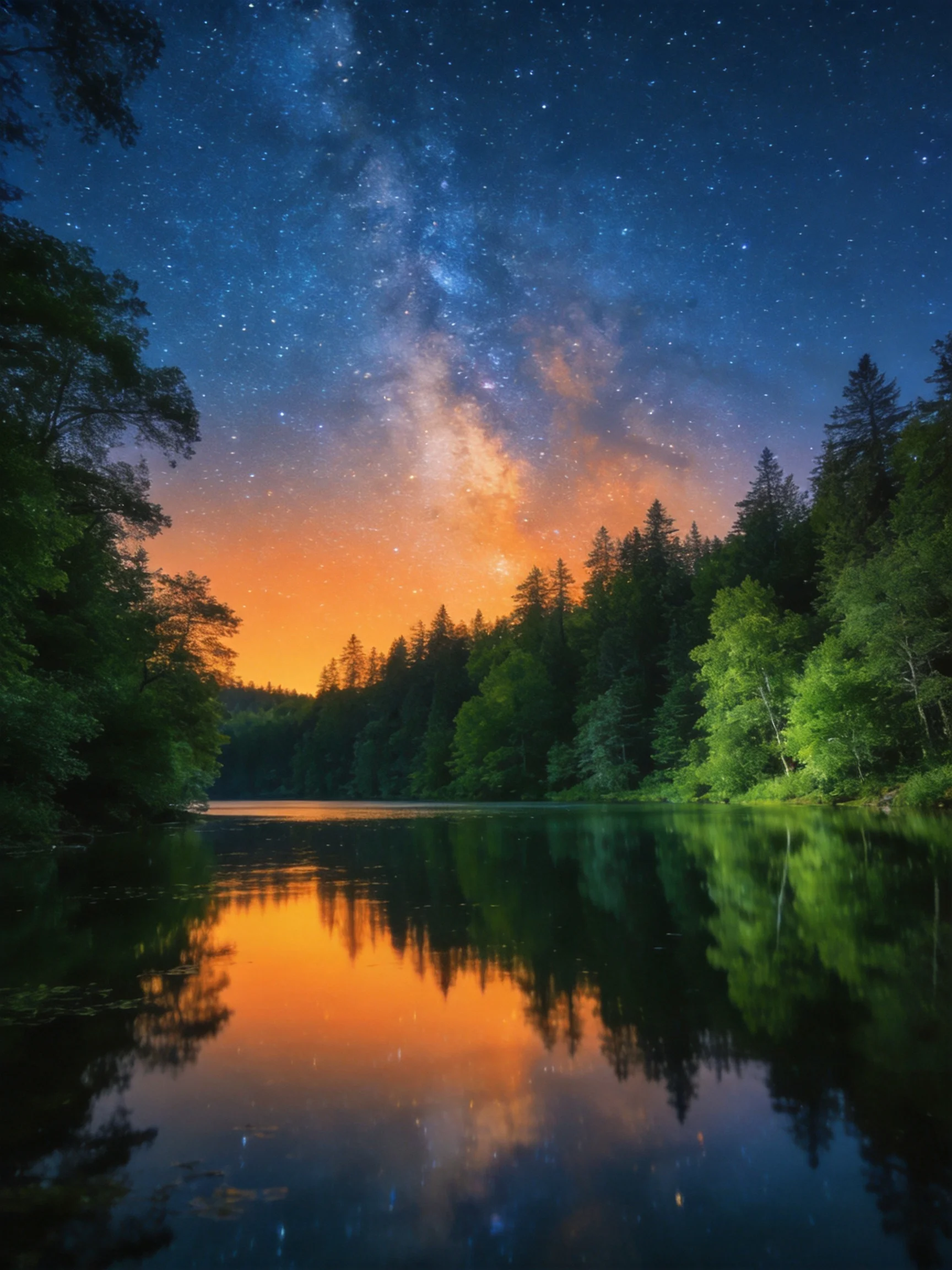 A starry night sky over a forested lakeside with vibrant reflections