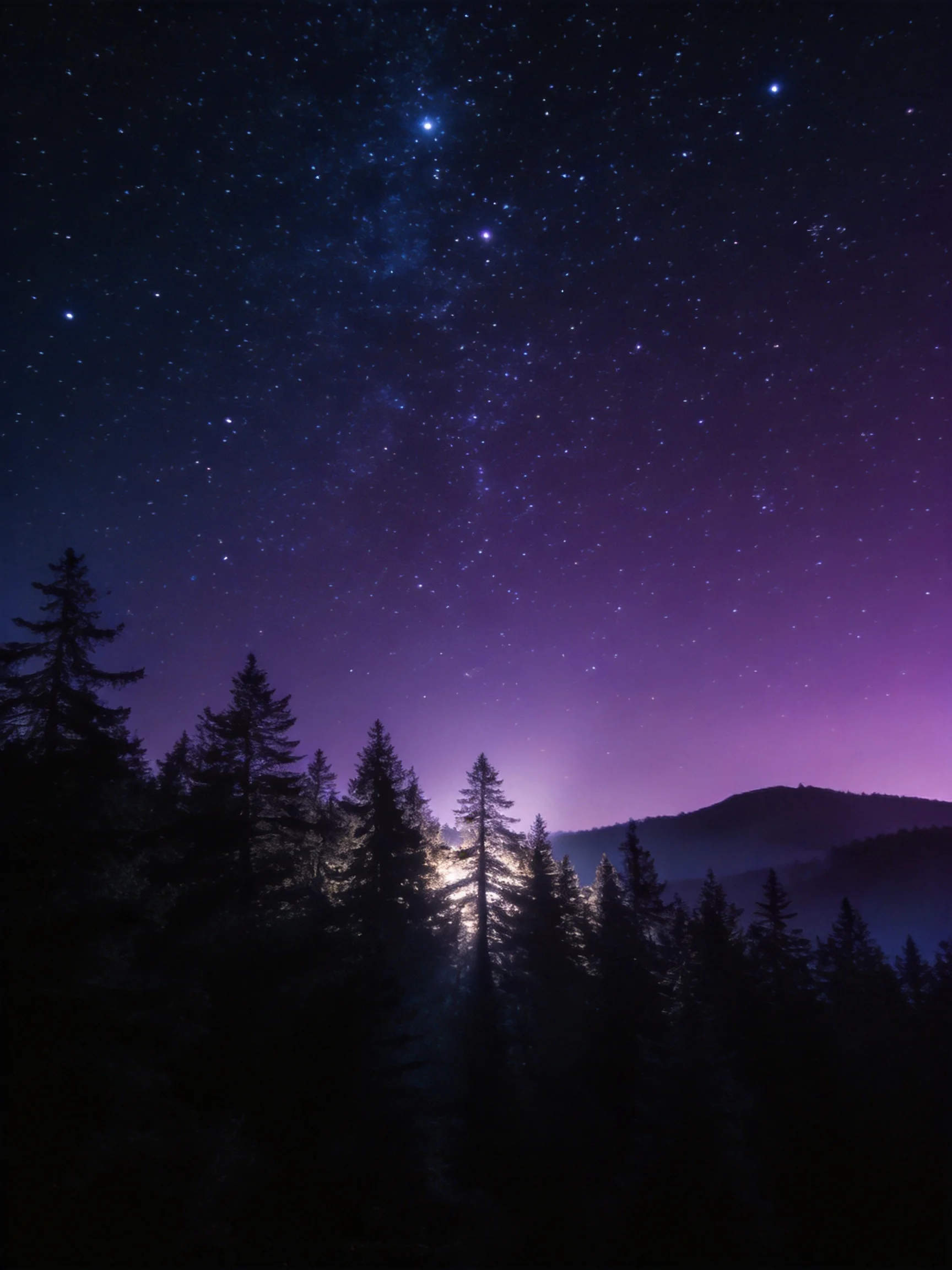 A starry night sky with purple hues over a forested mountain landscape
