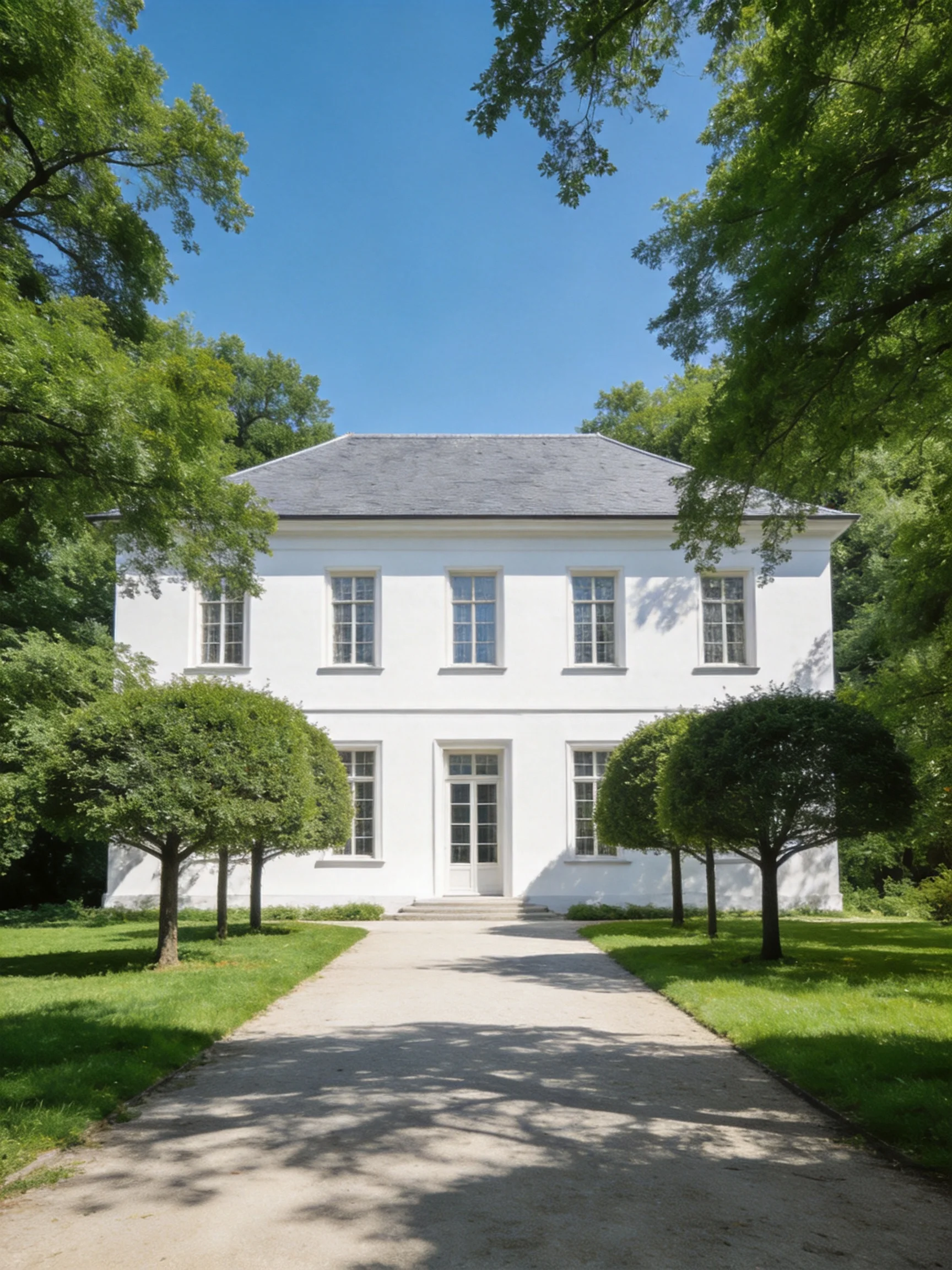 A stately white colonial house nestled among lush green trees