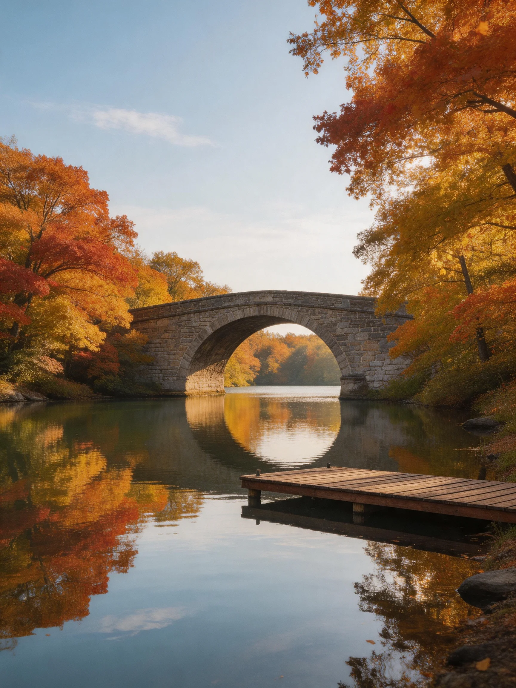 A stone arch bridge spans a calm river amid vibrant fall foliage.