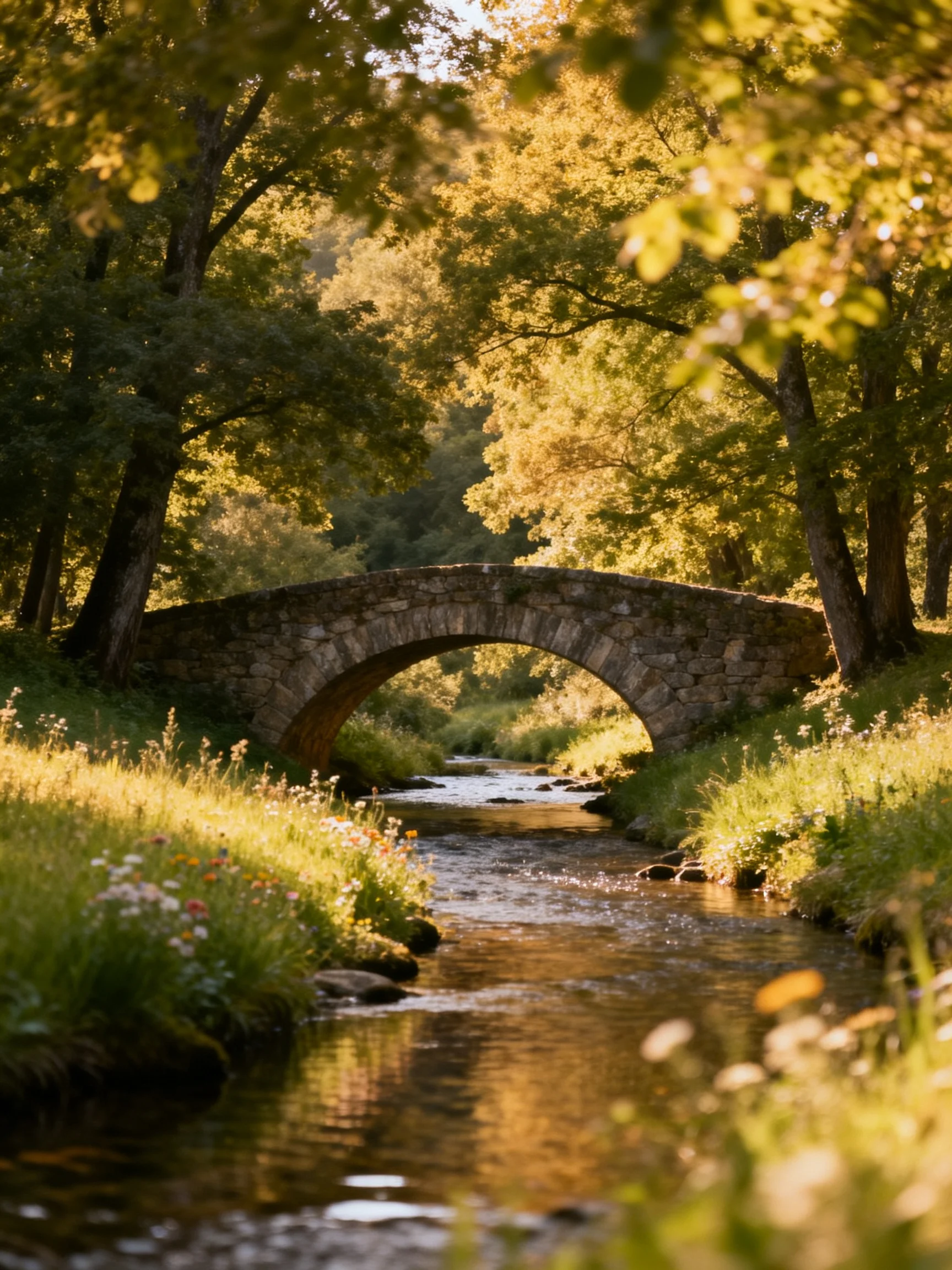 A stone arch bridge spans a sunlit stream amid verdant trees