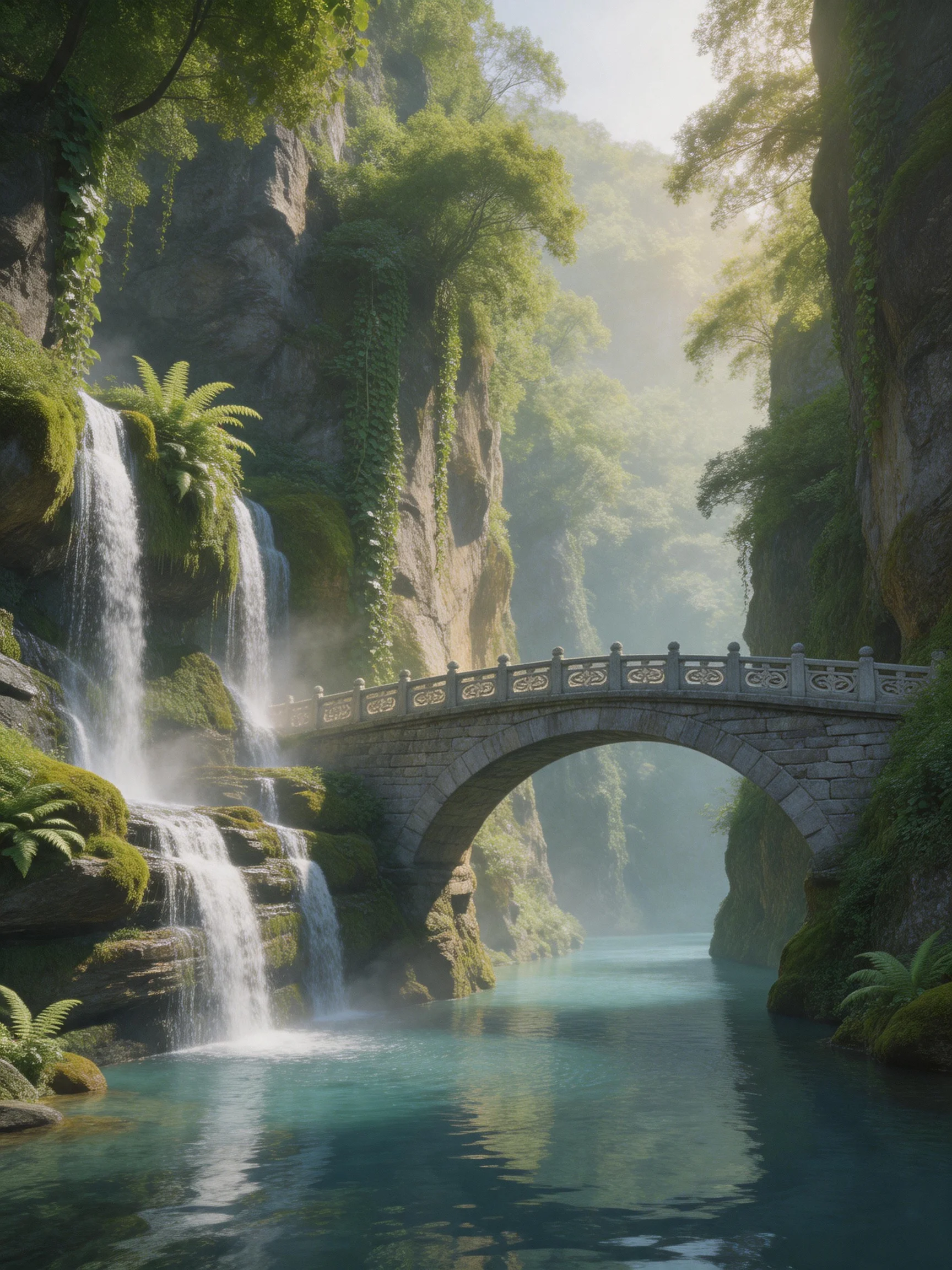 A stone arch bridge spans turquoise waters near a moss-covered waterfall