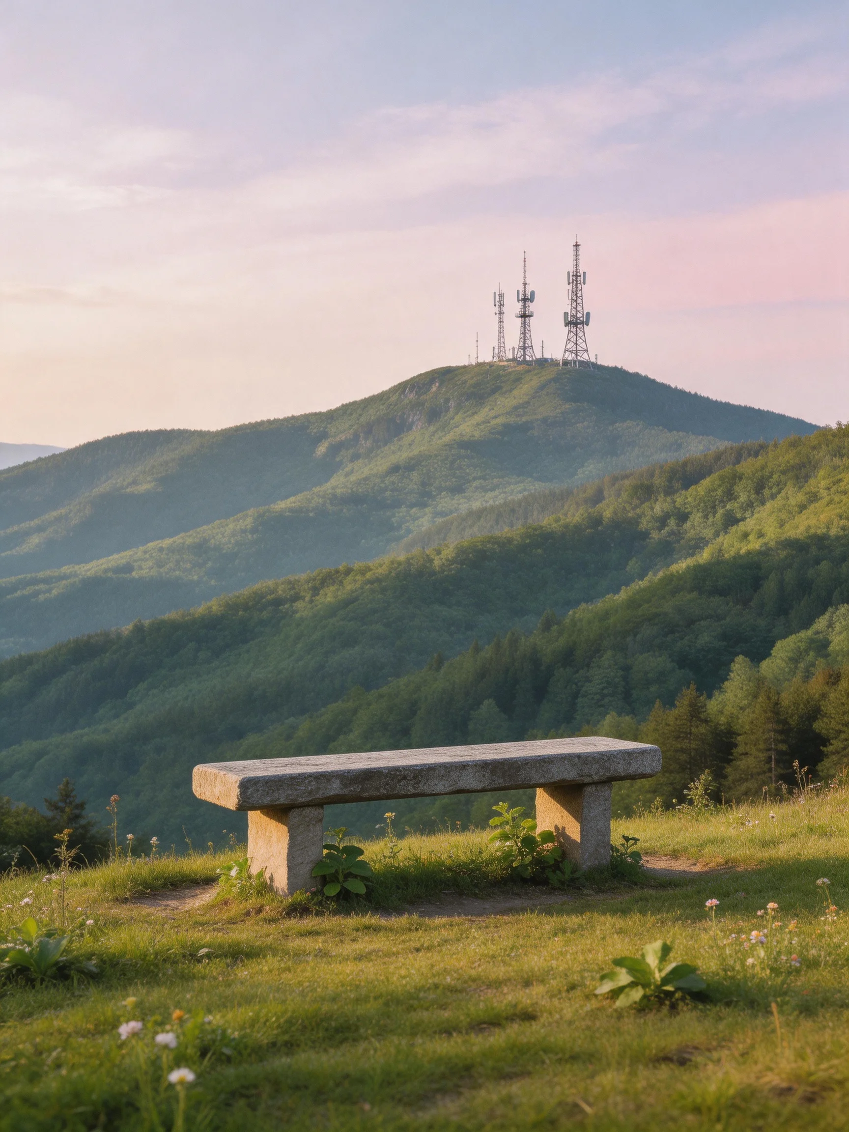 A stone bench overlooks lush green hills with communication towers atop a distant mountain