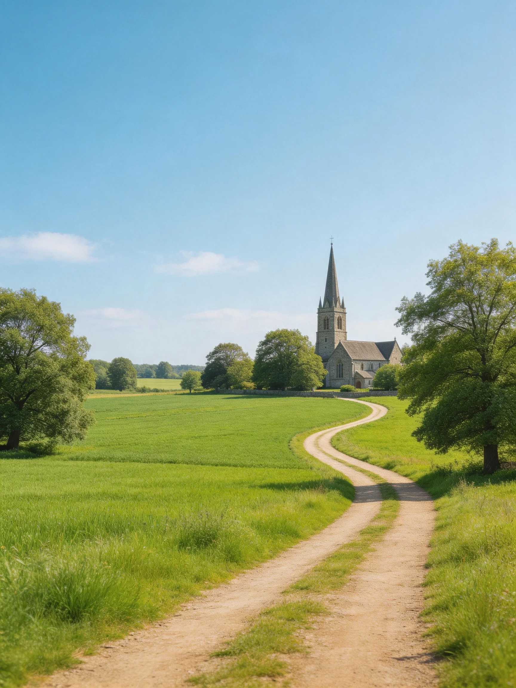 A stone church nestled in lush green fields with a winding dirt path