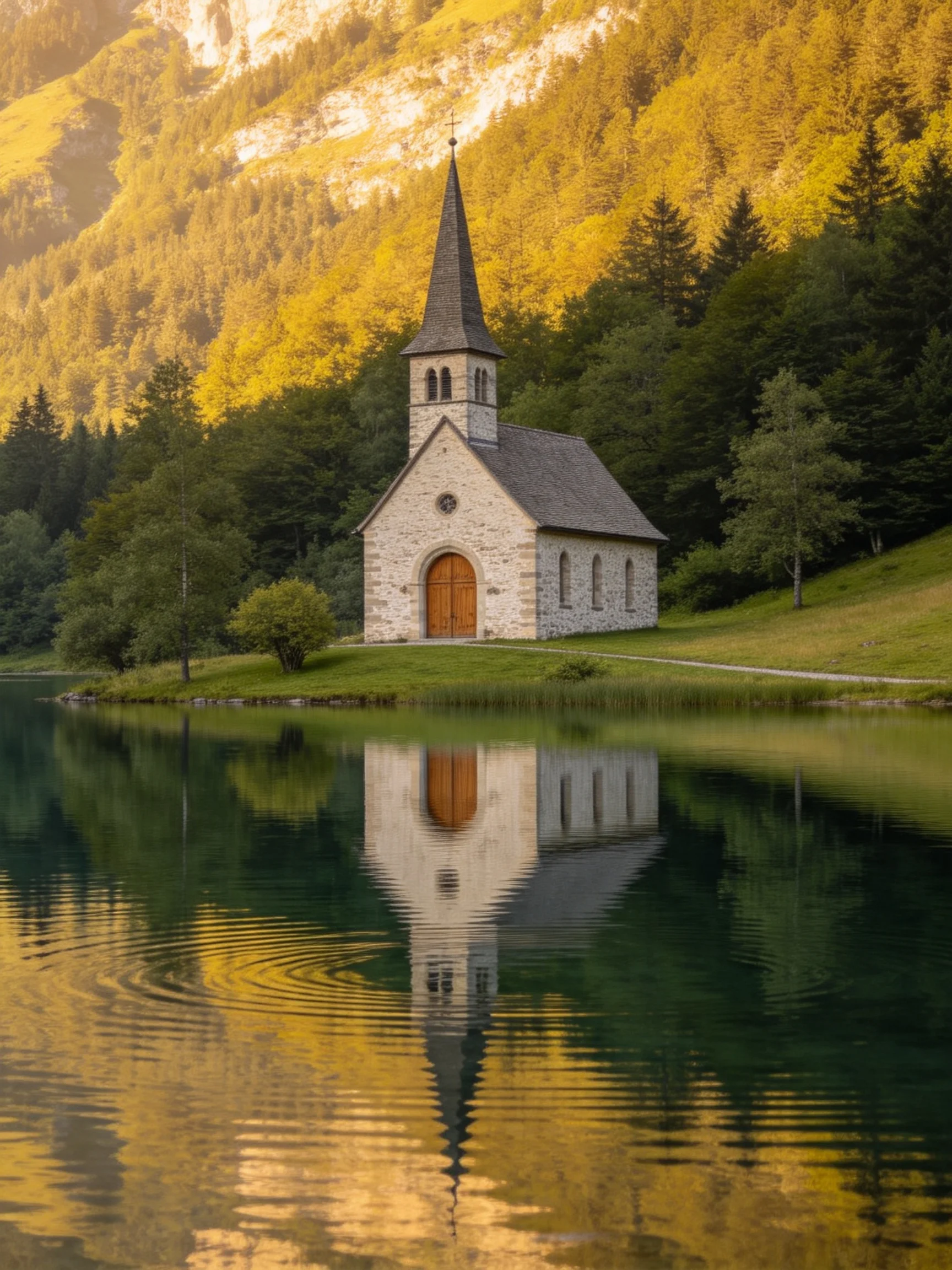 A stone church reflected in calm waters near golden-hued mountains
