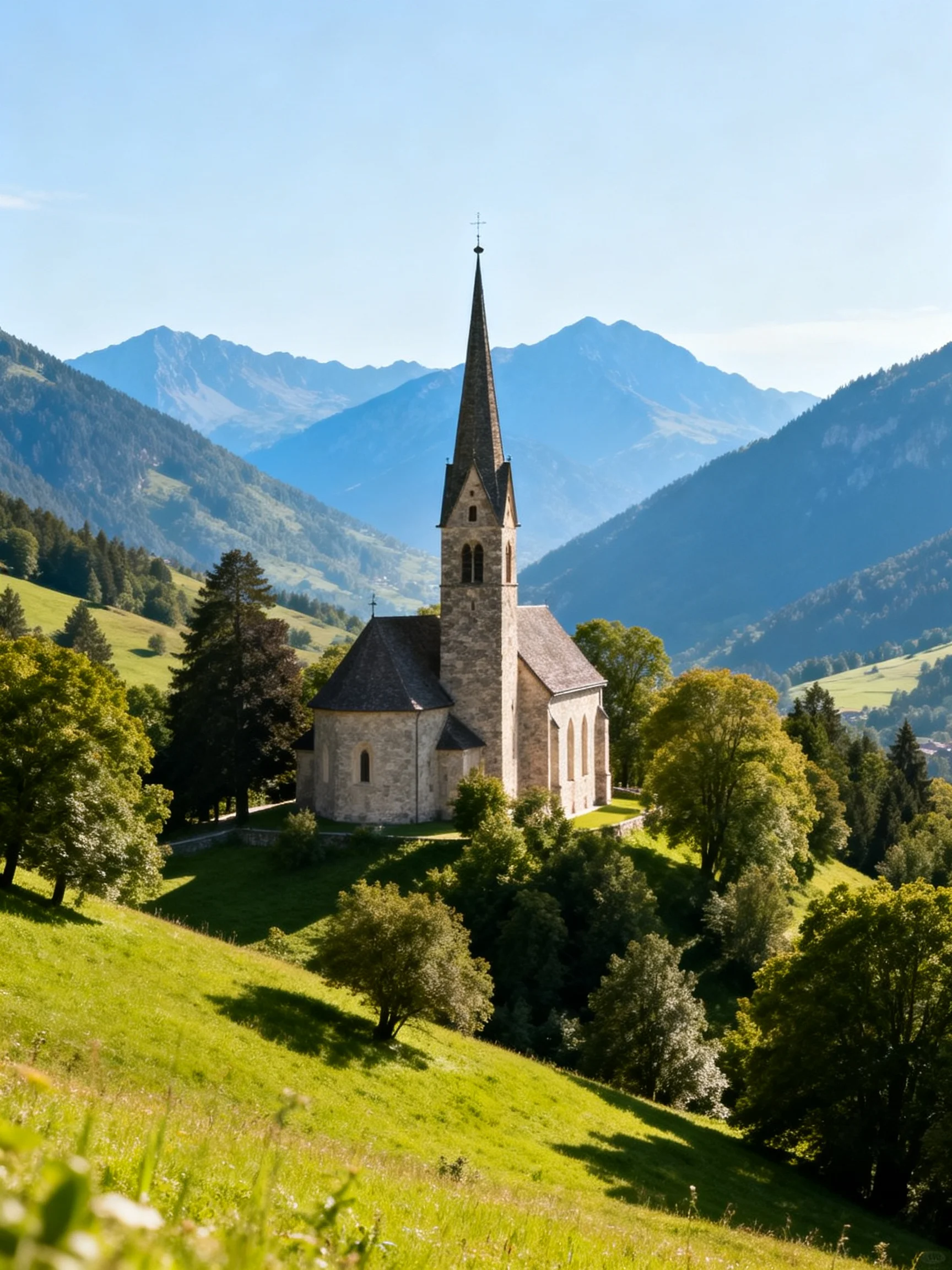 A stone church with tall spire amidst lush green hills and blue mountains