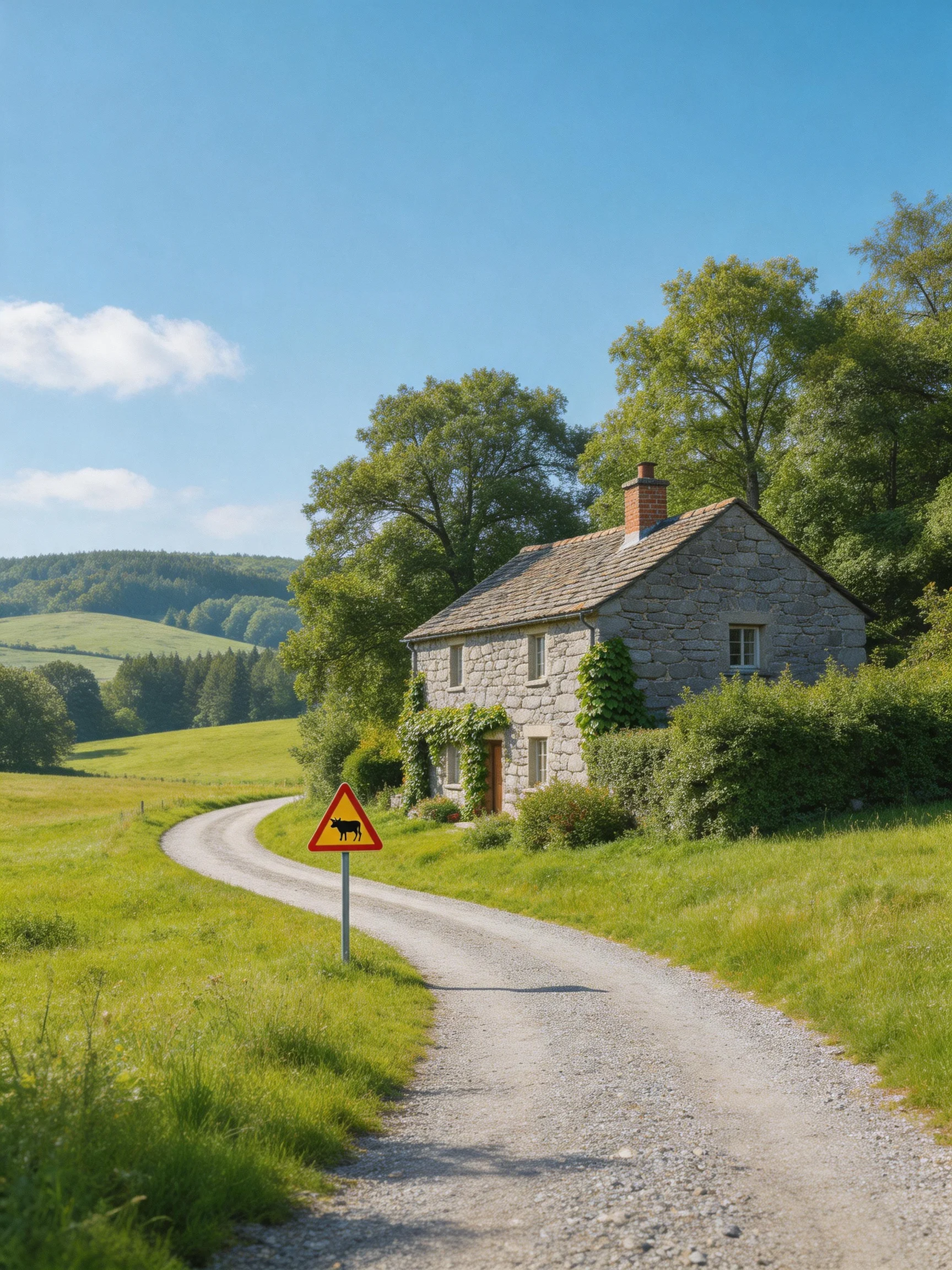 A stone cottage beside a winding gravel road with a cow crossing sign