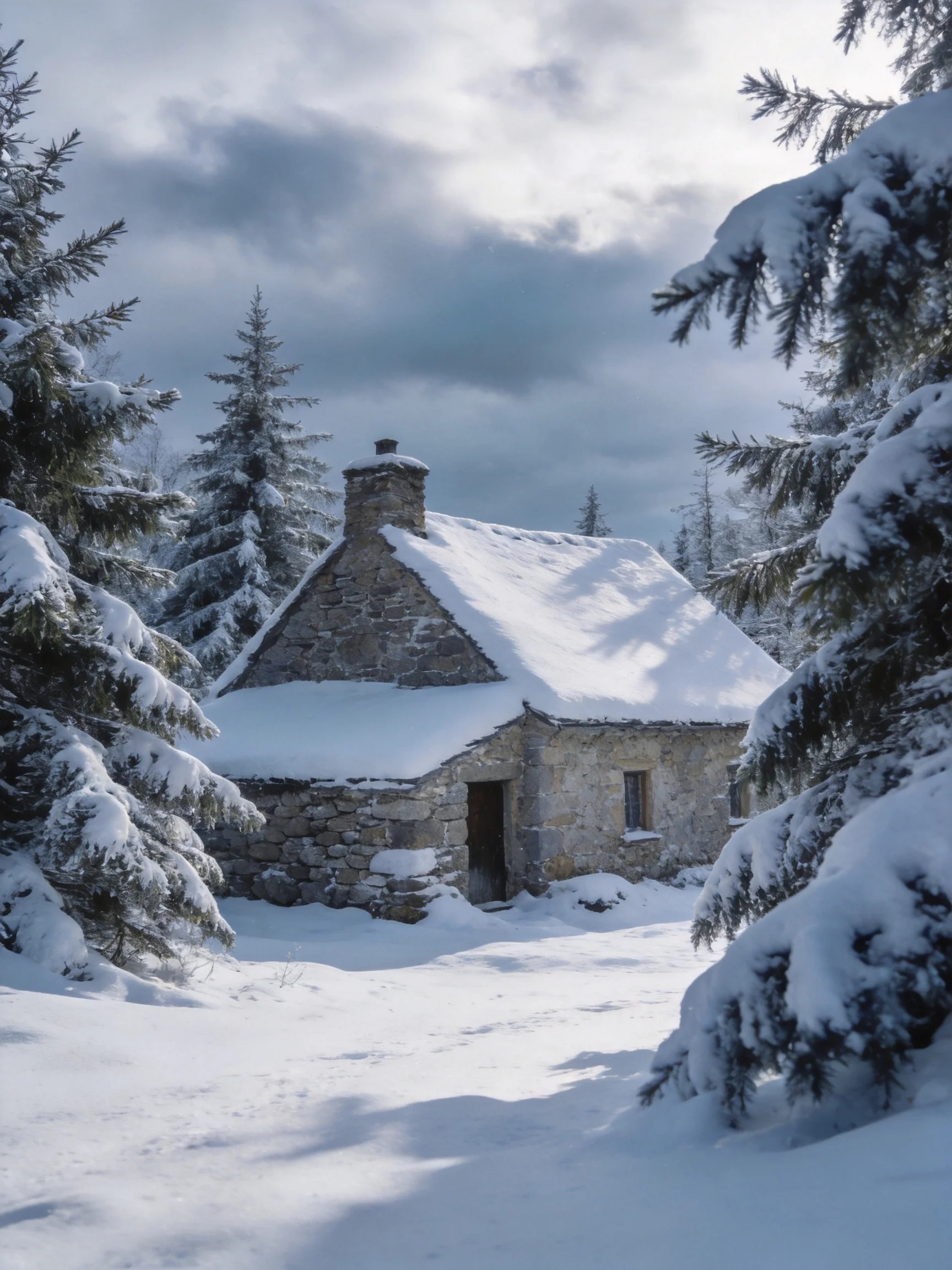 A stone cottage blanketed in snow amid evergreen trees