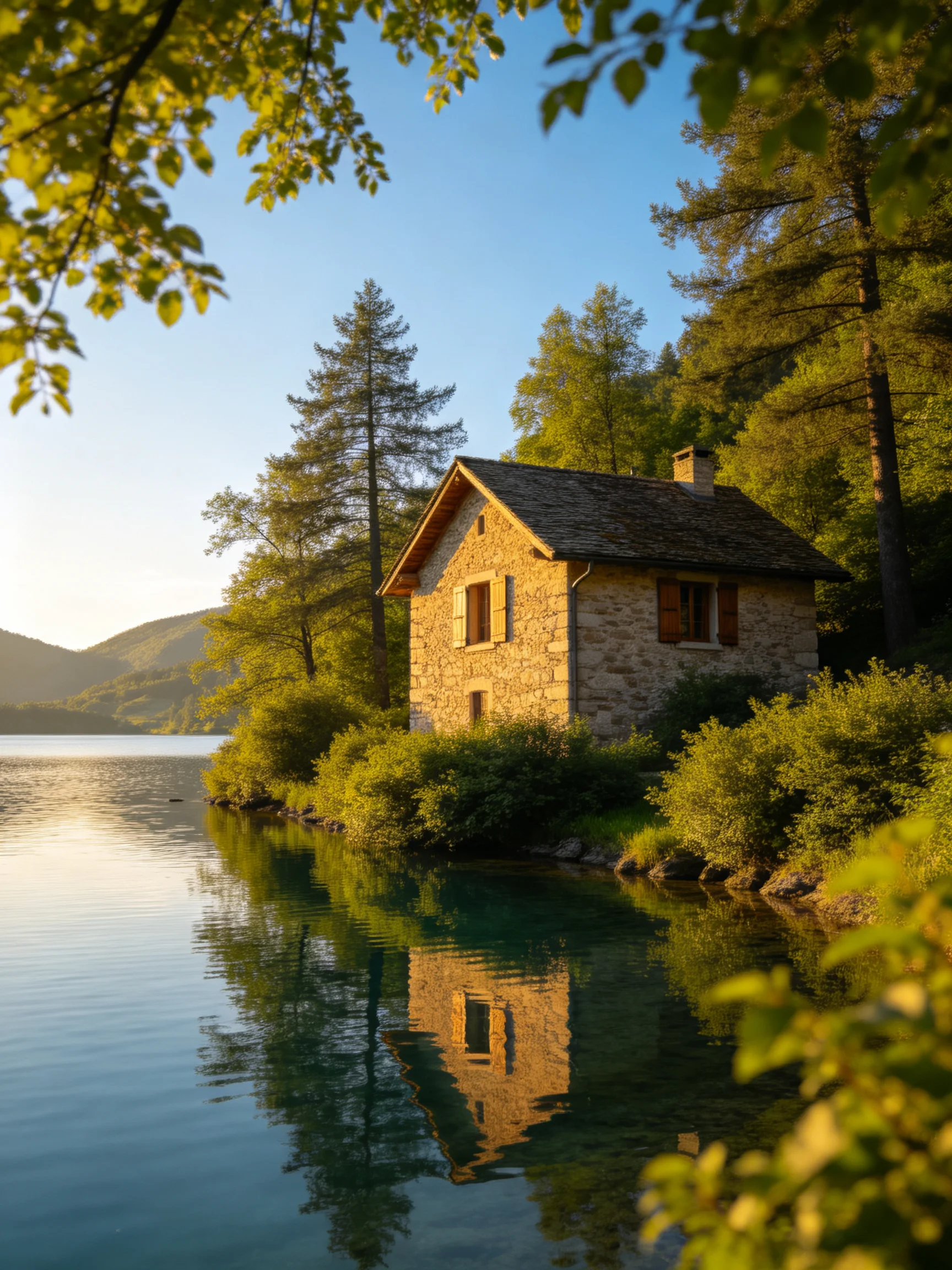A stone cottage by calm waters nestled among lush trees