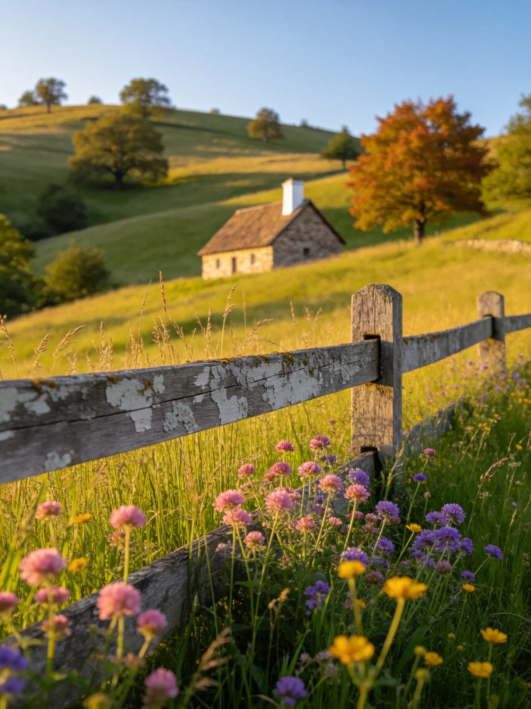 A stone cottage near weathered fence with colorful wildflowers