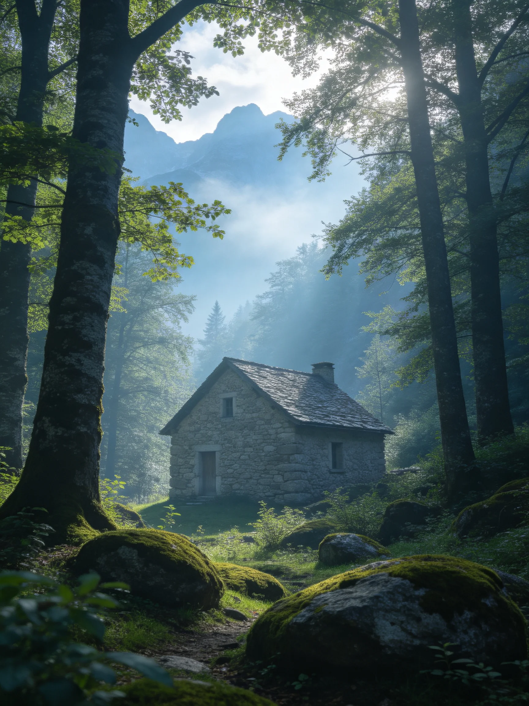 A stone cottage nestled among tall trees with misty mountain backdrop