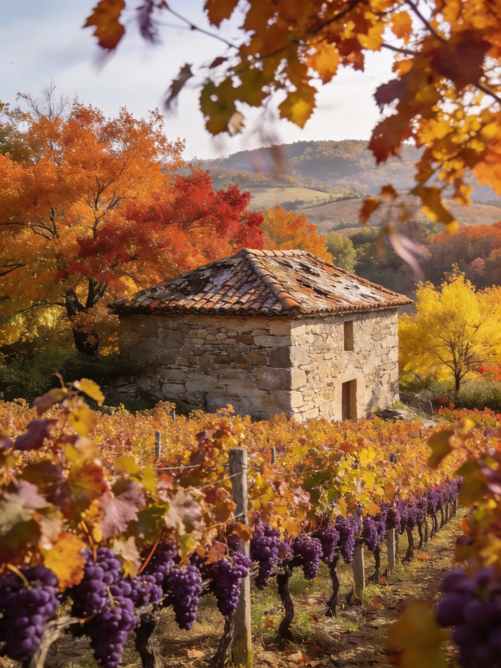 A stone cottage surrounded by autumn vineyards with colorful foliage