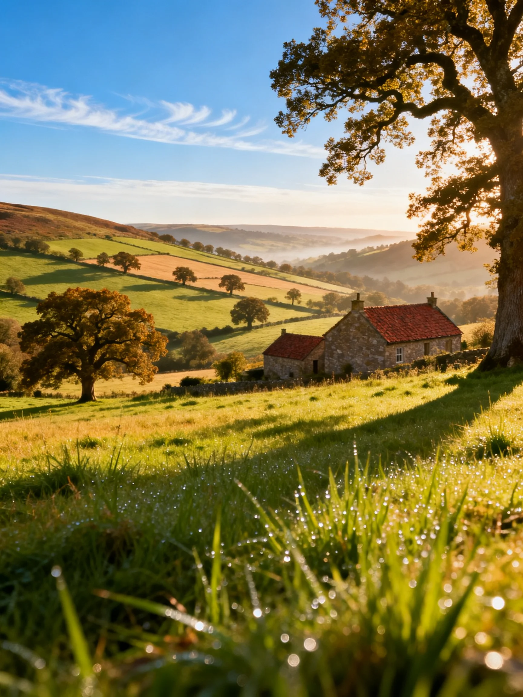 A stone cottage with red roofs in rolling green hills