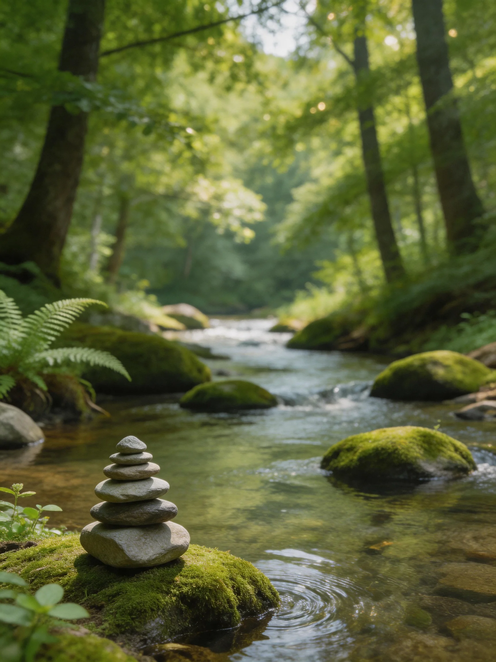 A stone stack near a clear forest stream with moss-covered rocks