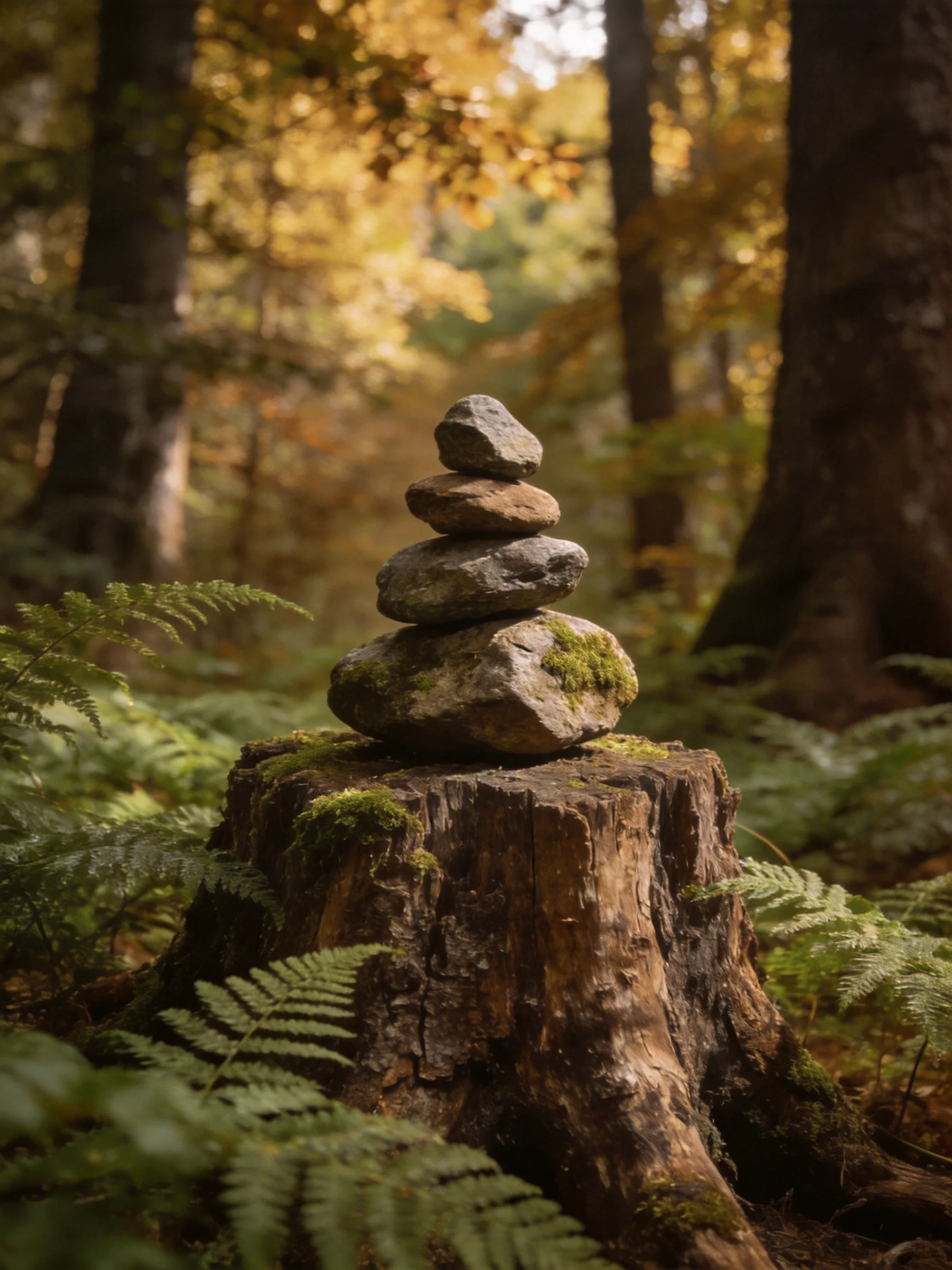 A stone stack of five rocks atop a mossy tree stump in an autumn forest