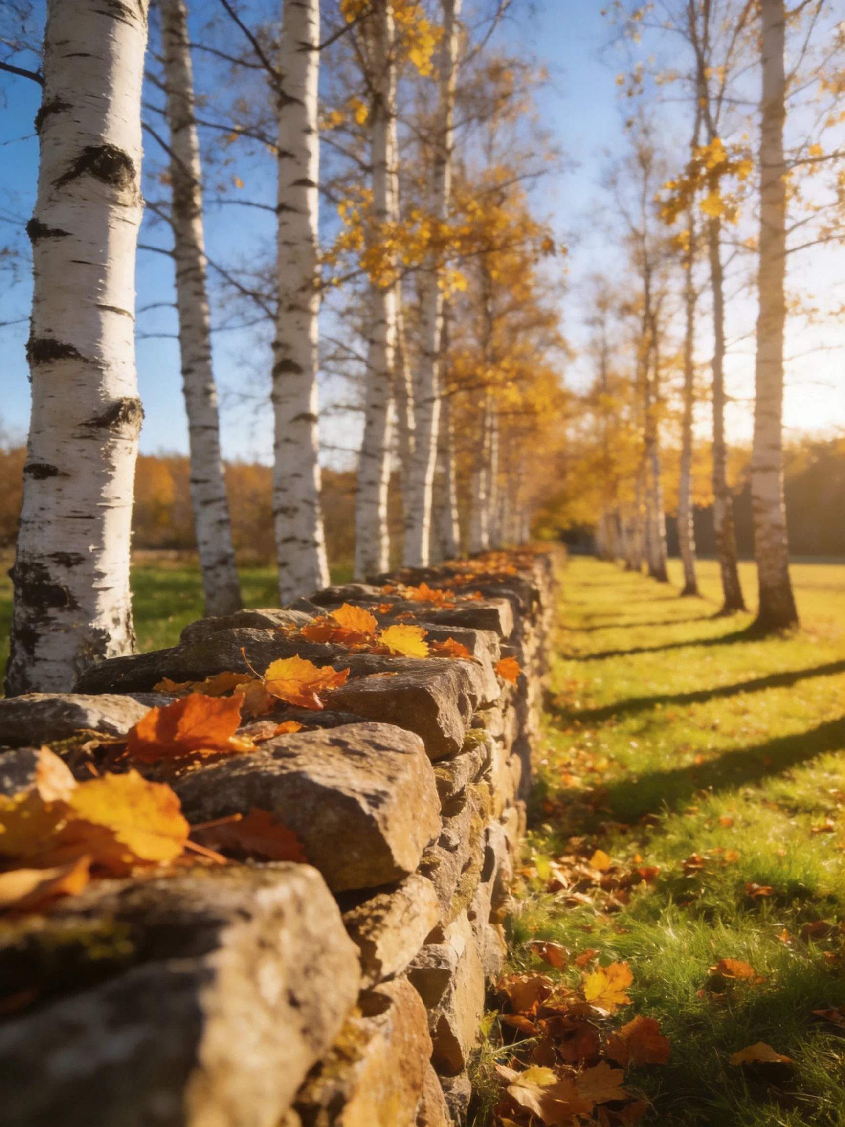 A stone wall lined with white birches and golden autumn leaves