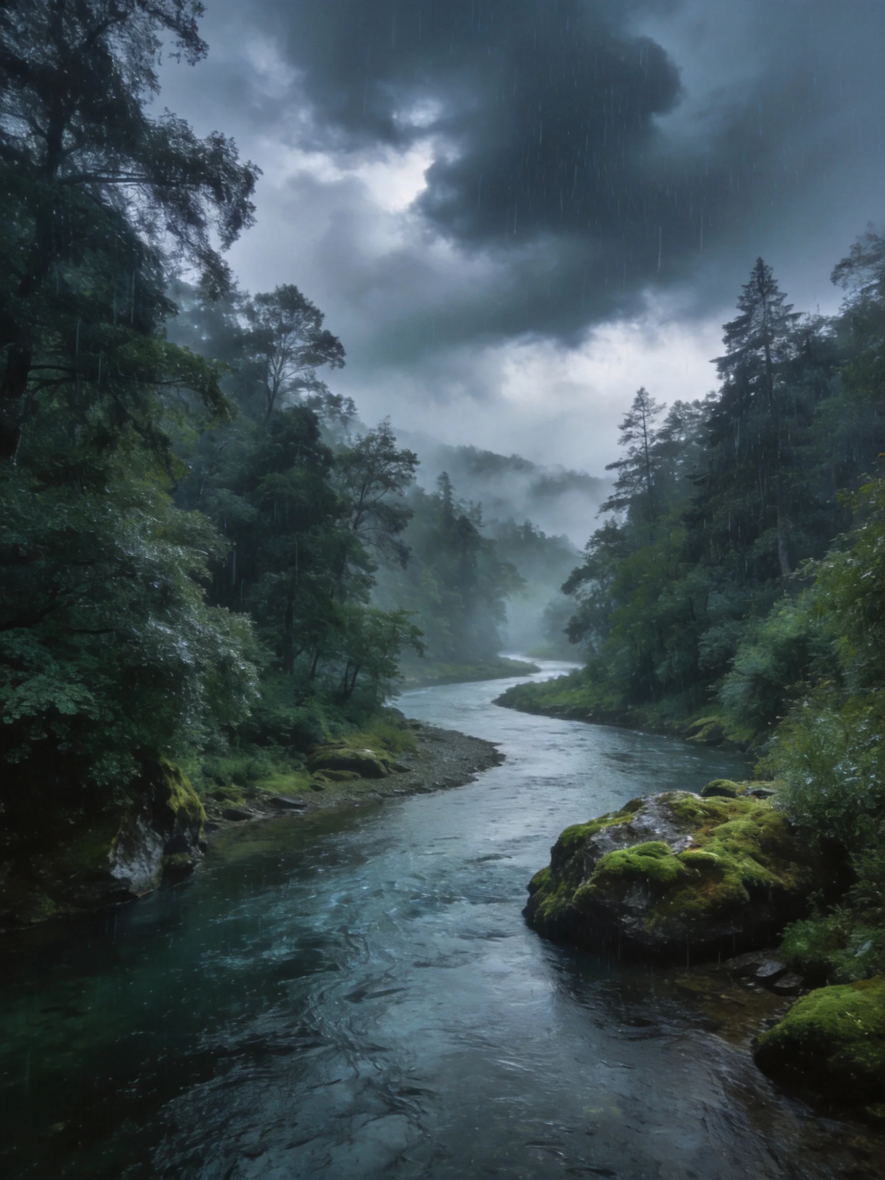 A stormy forest river with moss-covered rocks and heavy rain
