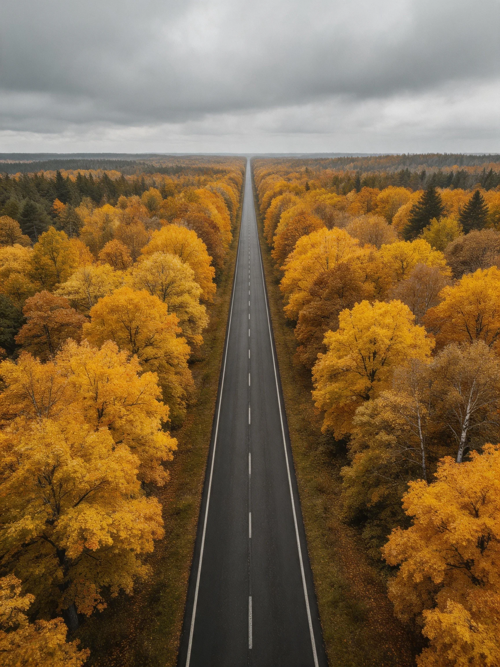 A straight road cuts through vibrant autumn forests under cloudy skies