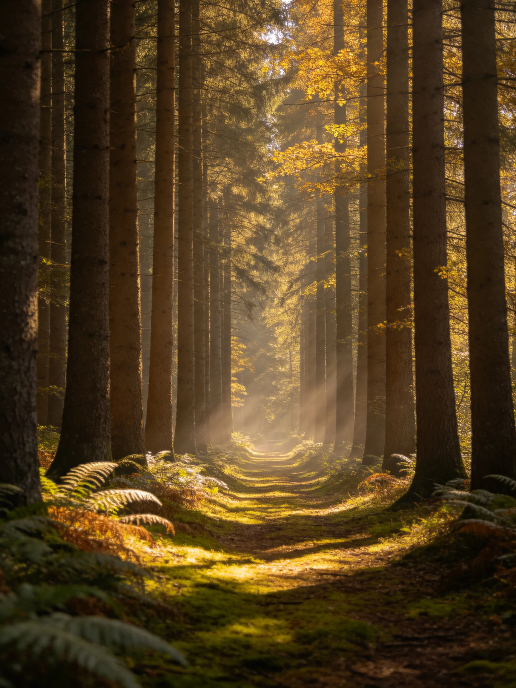 A sun - dappled forest path lined by tall trees leads into golden light