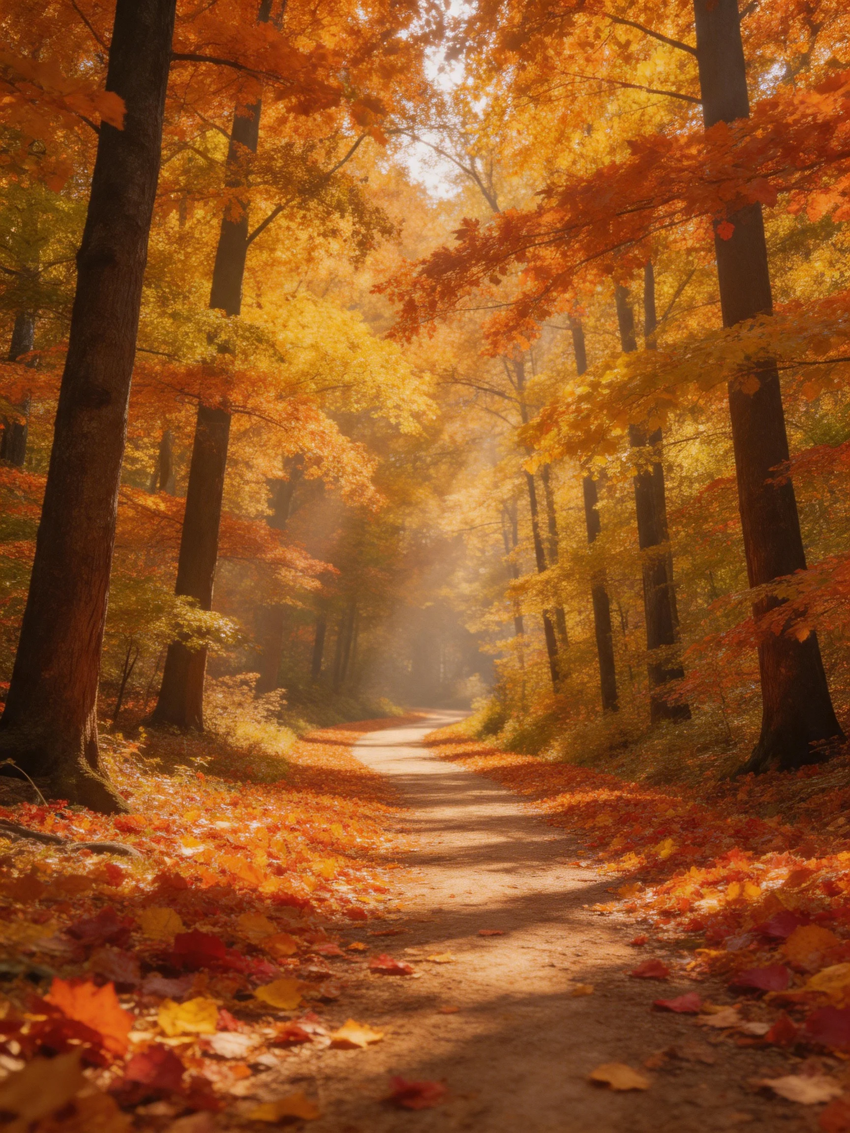 A sun-dappled autumn forest path lined with golden-orange foliage
