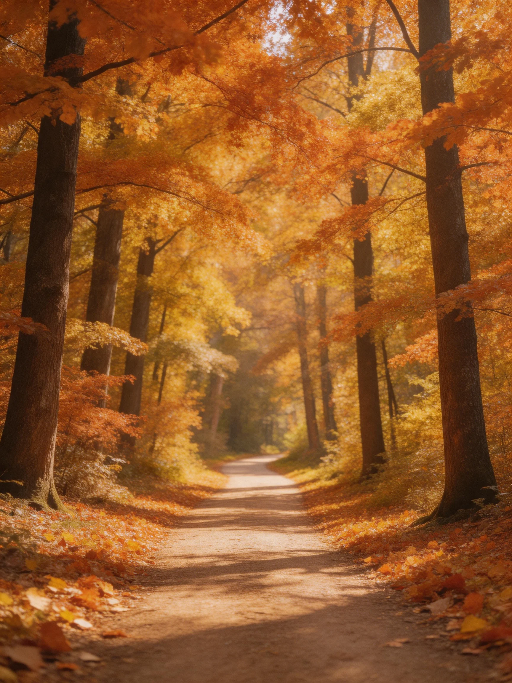 A sun-dappled autumn forest path lined with orange and gold-leaved trees