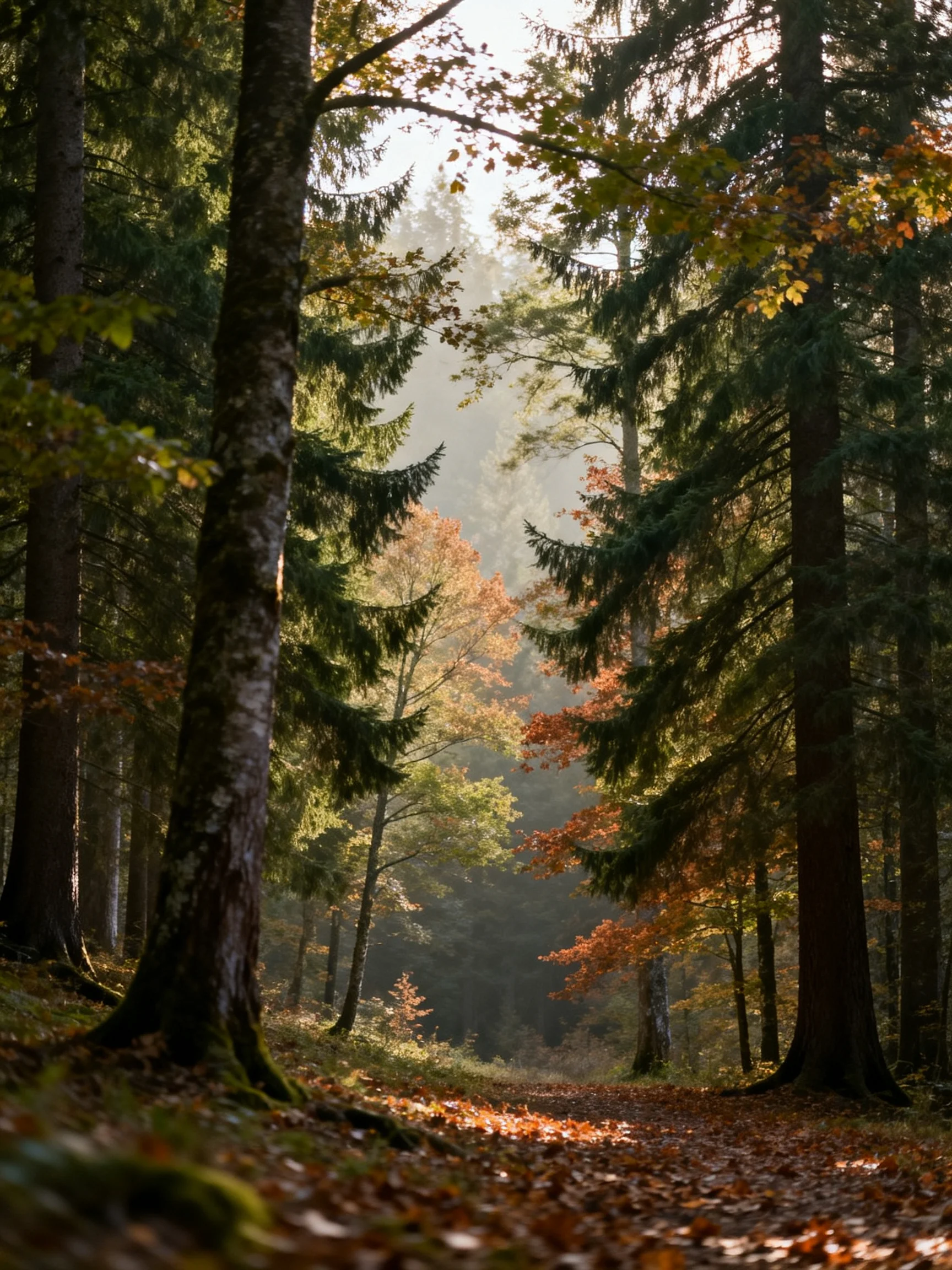 A sun-dappled autumn forest path lined with tall evergreens and colorful trees