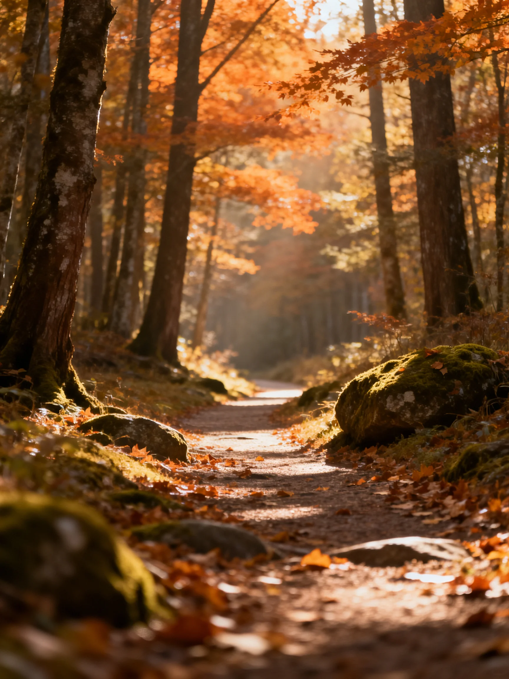 A sun-dappled autumn forest path with golden foliage and moss-covered rocks