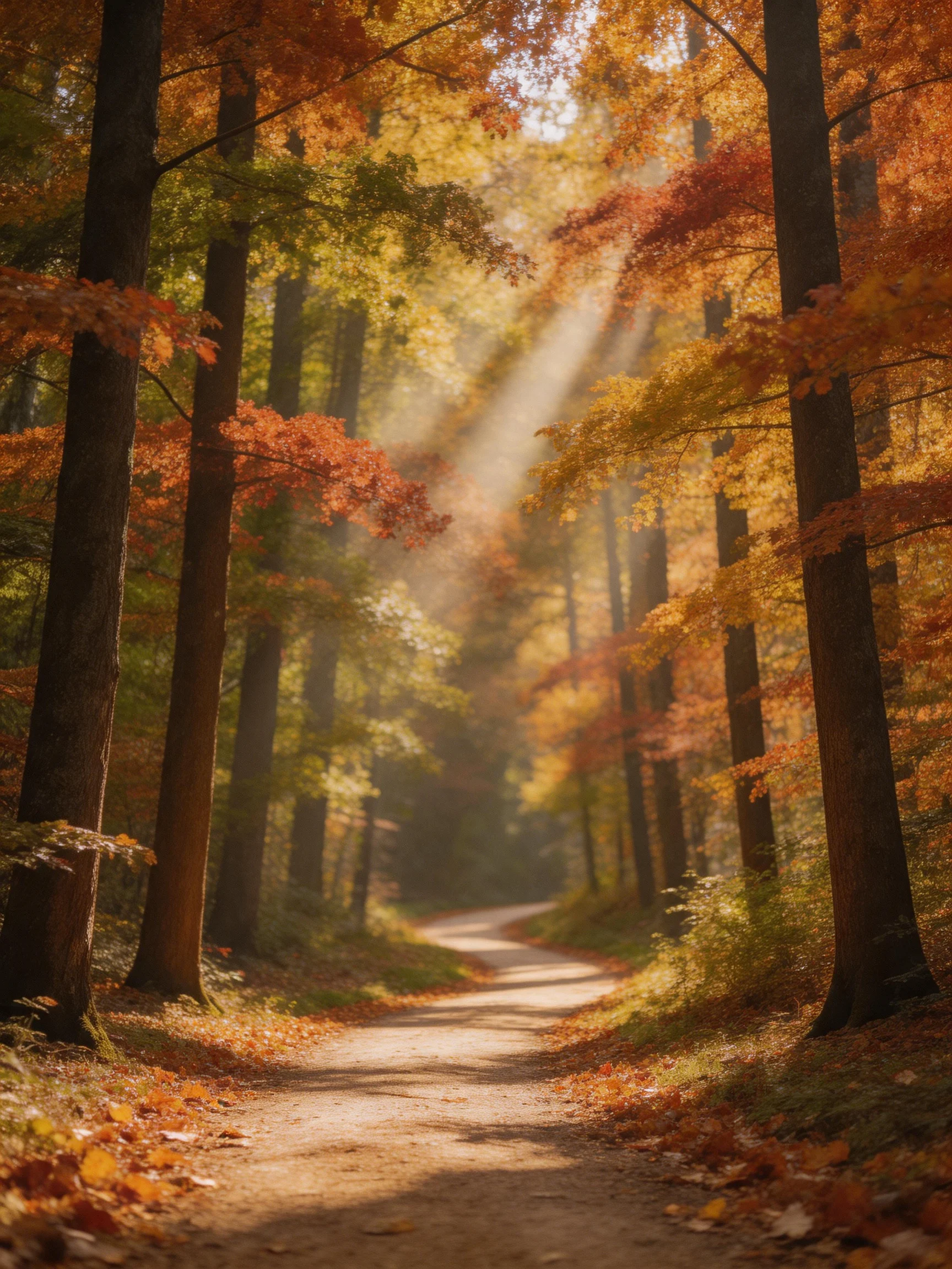 A sun-dappled autumn forest path with vibrant fall foliage