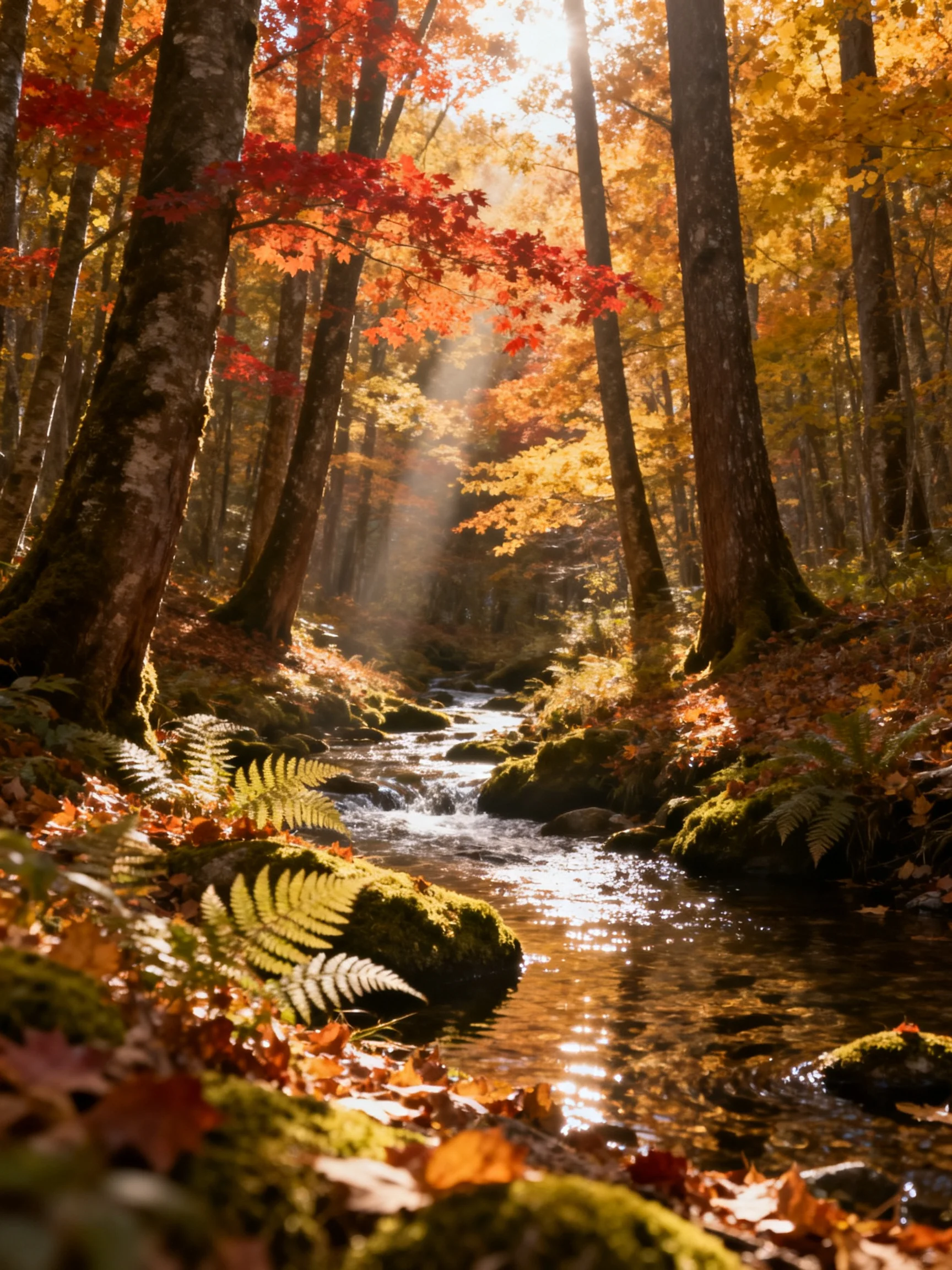 A sun-dappled autumn forest with a winding stream and vibrant foliage